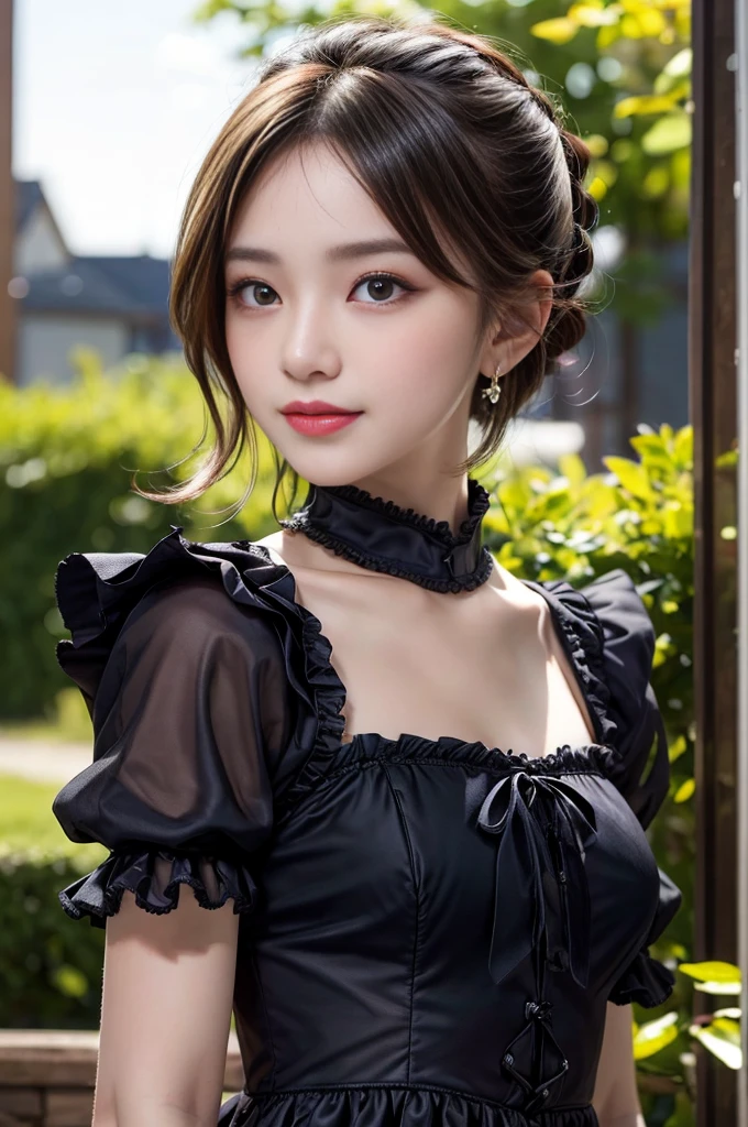 1 girl, very bright backlighting, solo, {beautiful and detailed eyes}, large breasts, dazzling moonlight, calm expression, natural and soft light, hair blown by the breeze, delicate facial features, Blunt bangs, beautiful korean girl, eye smile, very small earrings,(wearing a black Lolita dress:1.3) ,16yo, film grain, realhands,shy smile,sexy posing