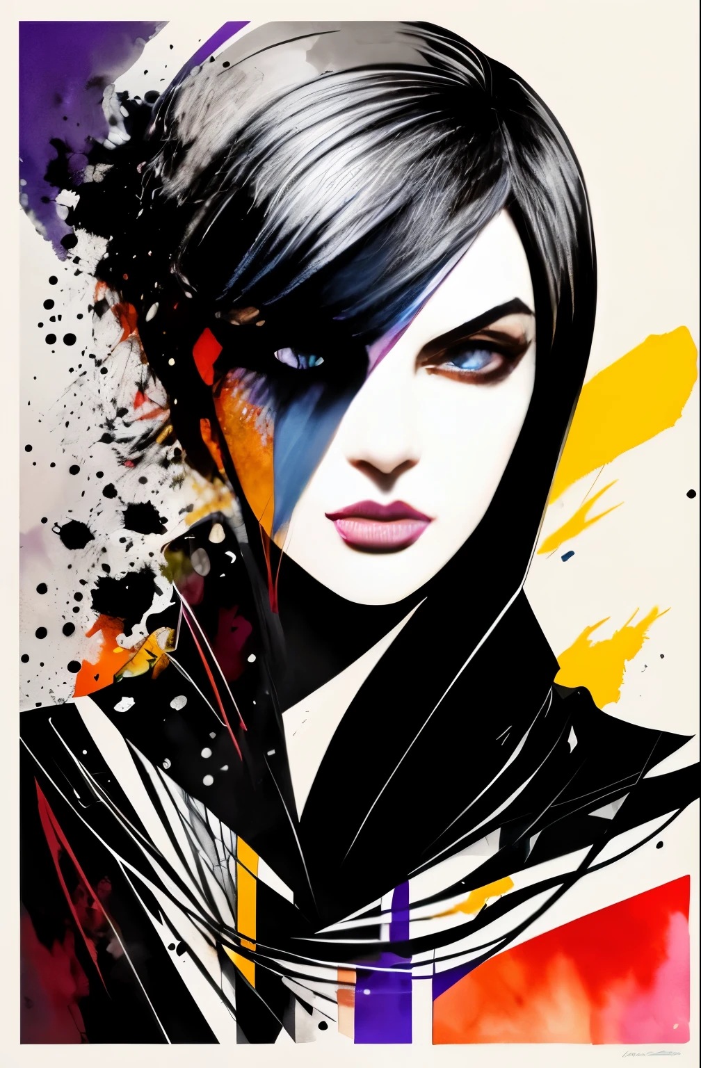 painting of a woman with a black and white face, Sylvia Pelissero watercolors, tumbler, abstract art, Intense watercolor painting, watercolor detailed art, Watercolor Splash, surreal, Avant-garde pop art, Beautiful and expressive paintings, Beautiful artwork illustration, very colorful tones, wonderful, cool beauty, highest quality,official art, women only, sharp outline, best shot, vector art, Written by Sandra Chevrier, Dave McKean、by Richard Avedon、Written by Makiezi Kusiala