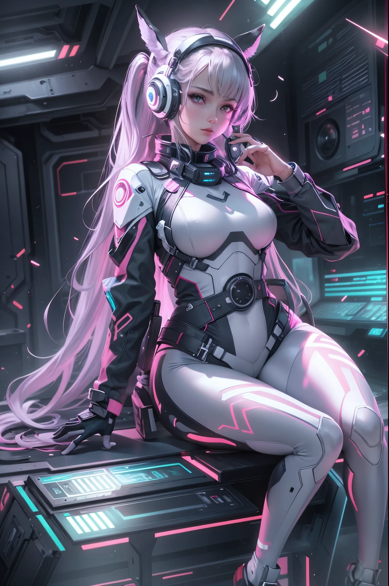 cybernized girl with cyberpunk prosthetics in single underpants, long hair, Spaceship inside, futuristic style, Sci-fi, hyper detailed, laser in center, laser from the sky, energy clots, photorealism, hyper realism, acceleration, light flash, speed, painting, 8K, HD, super resolution , Cinematic, Long Exposure, 8K, HD, Super-Resolution, Laser