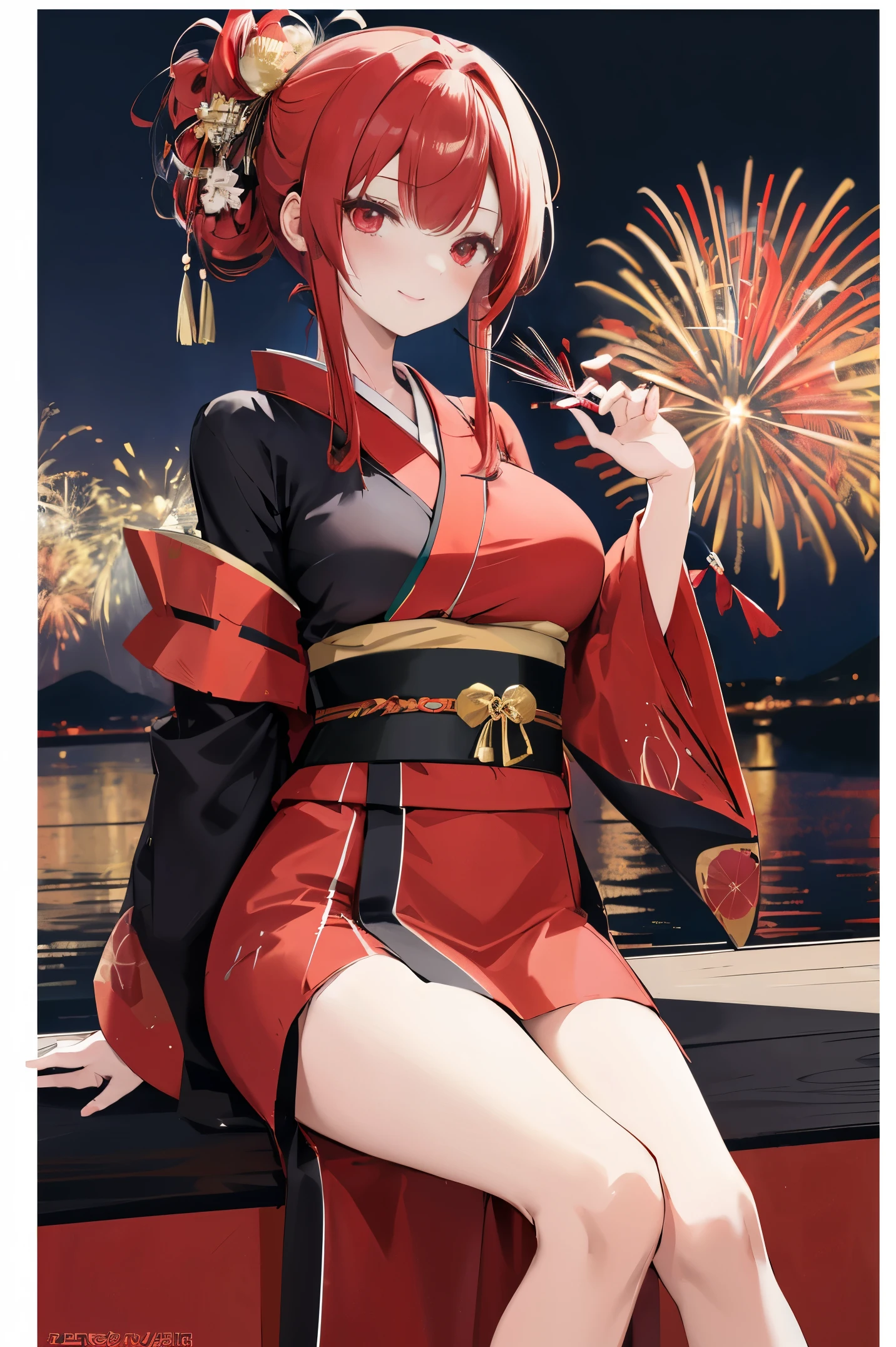 "anime girl, 1 person, red hair, shoulder length hair, dark red eyes, wearing flower hairpin, female kimono, red kimono with gold border pattern, big breasts, long stockings, blushing smile, standing still  cross-legged, solo, view from different angles, festival, New Year's Eve fireworks, fireworks viewing, night (full HD 4K+ image)"