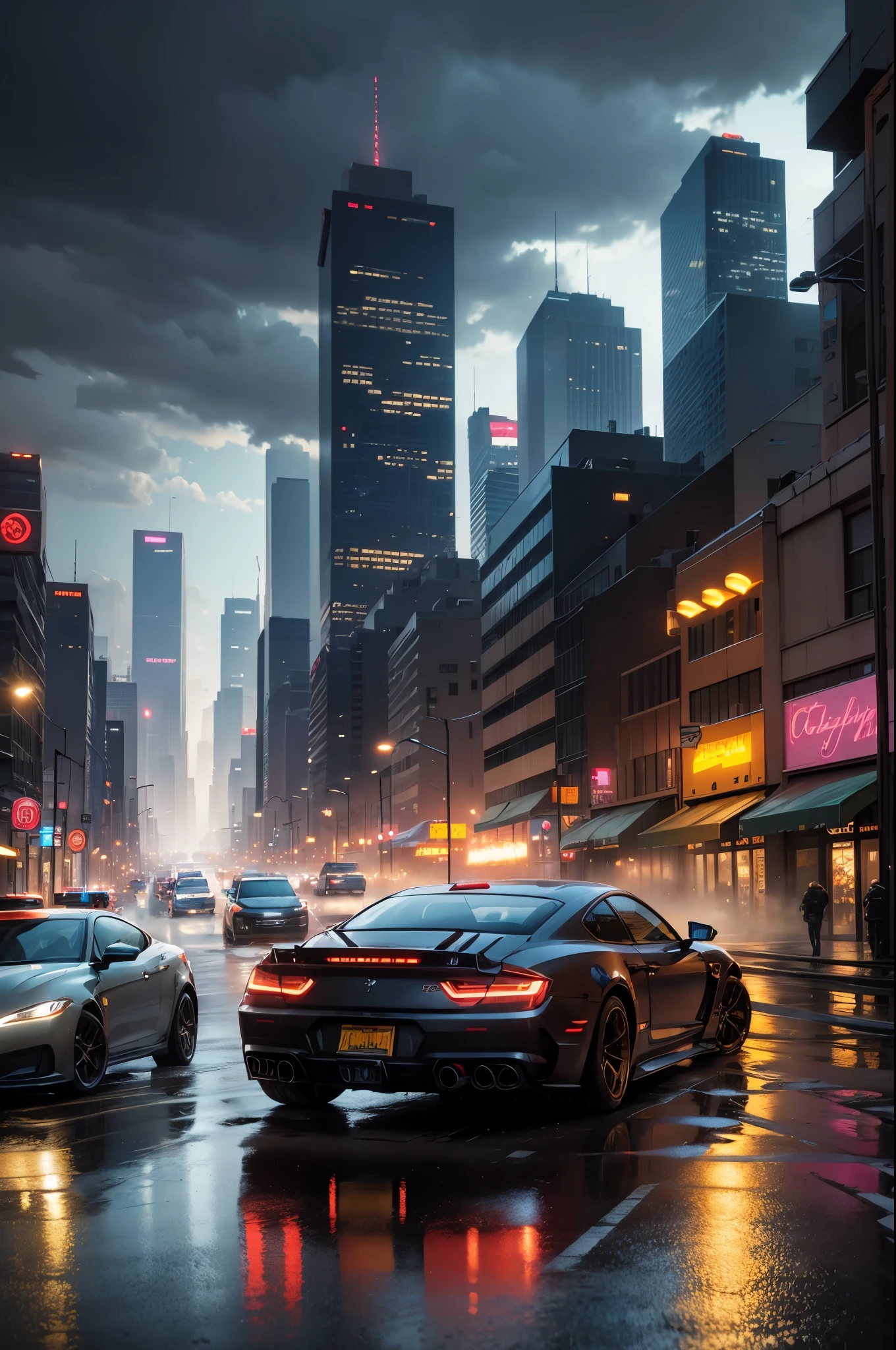 (best quality,highres),(realistic:1.37),detailed cityscape,hyper-realistic vehicles,GTA6,nighttime city,neon lights,urban chaos,vibrant colors,detailed textures,realistic reflections,glimmering skyscrapers,fast-paced action,explosions,criminal underworld,high-speed chases,thrilling gameplay,open world,immersive environment,grand theft auto experience,gritty atmosphere,dynamic lighting effects,highly detailed characters,detailed car interiors,adrenaline rush,action-packed scenes,city skyline,towering buildings,reflection on car windows,pedestrians on streets,dense traffic,gunfights in alleys,car crashes,city lights reflecting on wet roads,atmospheric fog,city at dawn or dusk,high-speed racing,vivid sunsets,expansive cityscape view.