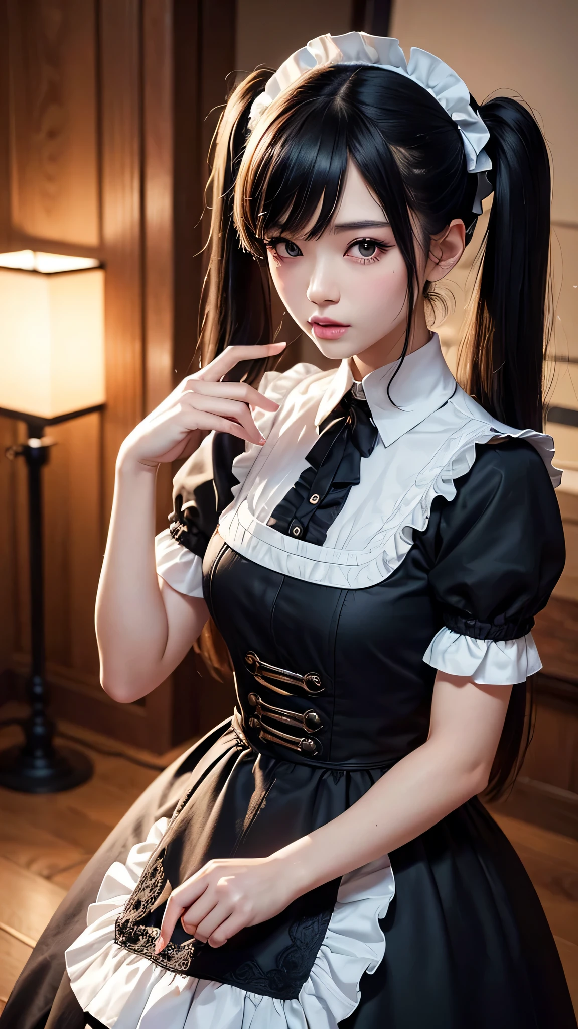 ((top-quality、in 8K、masterpiece:1.3, Photorealsitic:1.4, underground room, Realistic human skin)), standing, full body, Japanese high school girl, 1 female, A dark-haired, With bangs, Medium-sized breasts, ((Gothic ta, maid clothes, twintails hairstyle, Black eyes)), Highly detailed facial and skin texture, A detailed eye, Detailed lips、Highly detailed hair depiction, Natural makeup:1.2