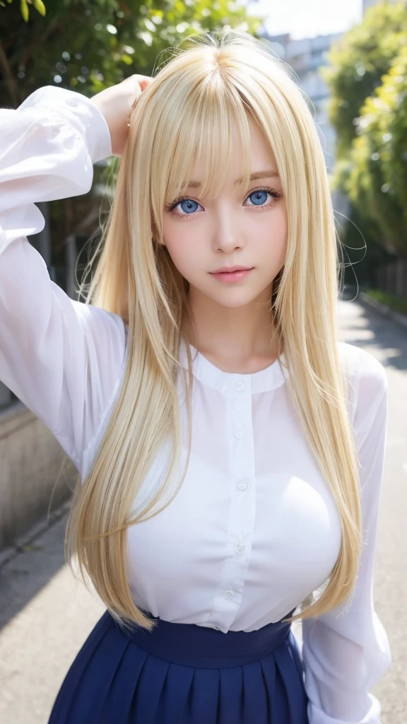 Clear white shiny skin、Cute sexy small beautiful face of a sexy big breasted teenager with windy blonde hair getting in the way in front of her cute face、Shiny bright straight blonde hair dances in front of a cute beautiful face、Long silky bangs covering cute eyes、blonde hiding her sexy face、Sexy cute young woman with super long hair too、Super long natural blonde shining bright blonde hair、Very beautiful bright light blue eyes、very big eyes