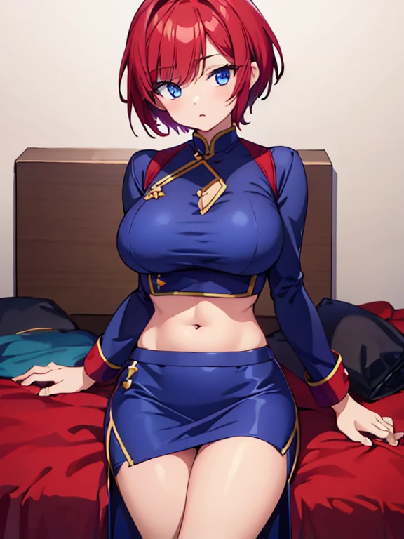 Very short hair, Chinese uniform, miniskirt, narrow eyes, blue eyes, big breasts, collarbone, belly style, red hair, seductive look