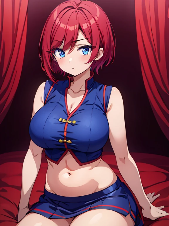 Very short hair, Chinese uniform, miniskirt, narrow eyes, blue eyes, big breasts, collarbone, belly style, red hair, seductive look