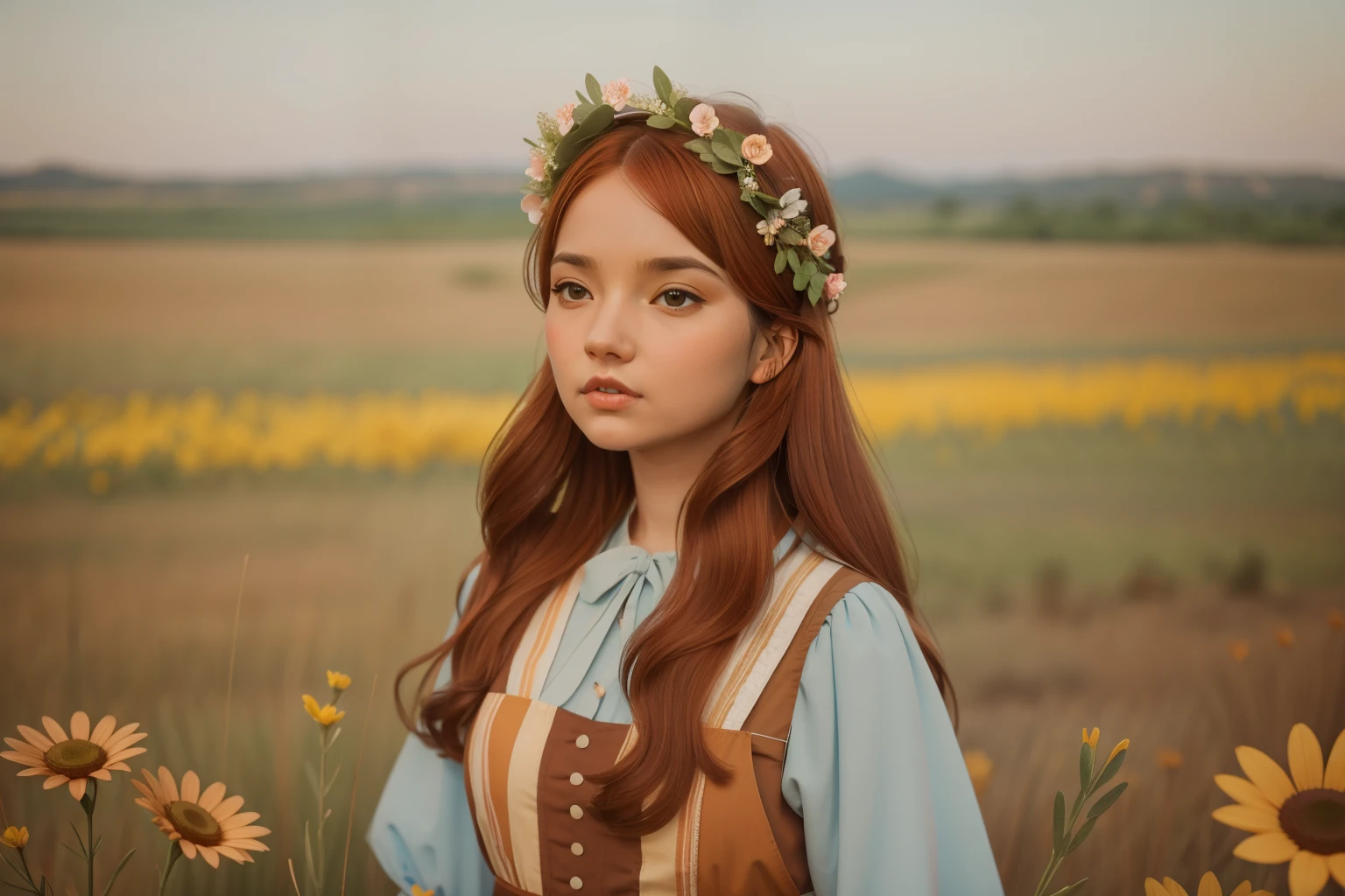 1860s American Prairie Flower Crown Gathering (Location: Great Plains)
Character: A girl in her tweens, with flowing auburn hair, creates flower crowns on the American prairie during the 1860s. Her pioneer-style dress and connection with nature evoke a sense of frontier innocence. Wes Anderson's prairie palette adds a touch of pioneer whimsy.