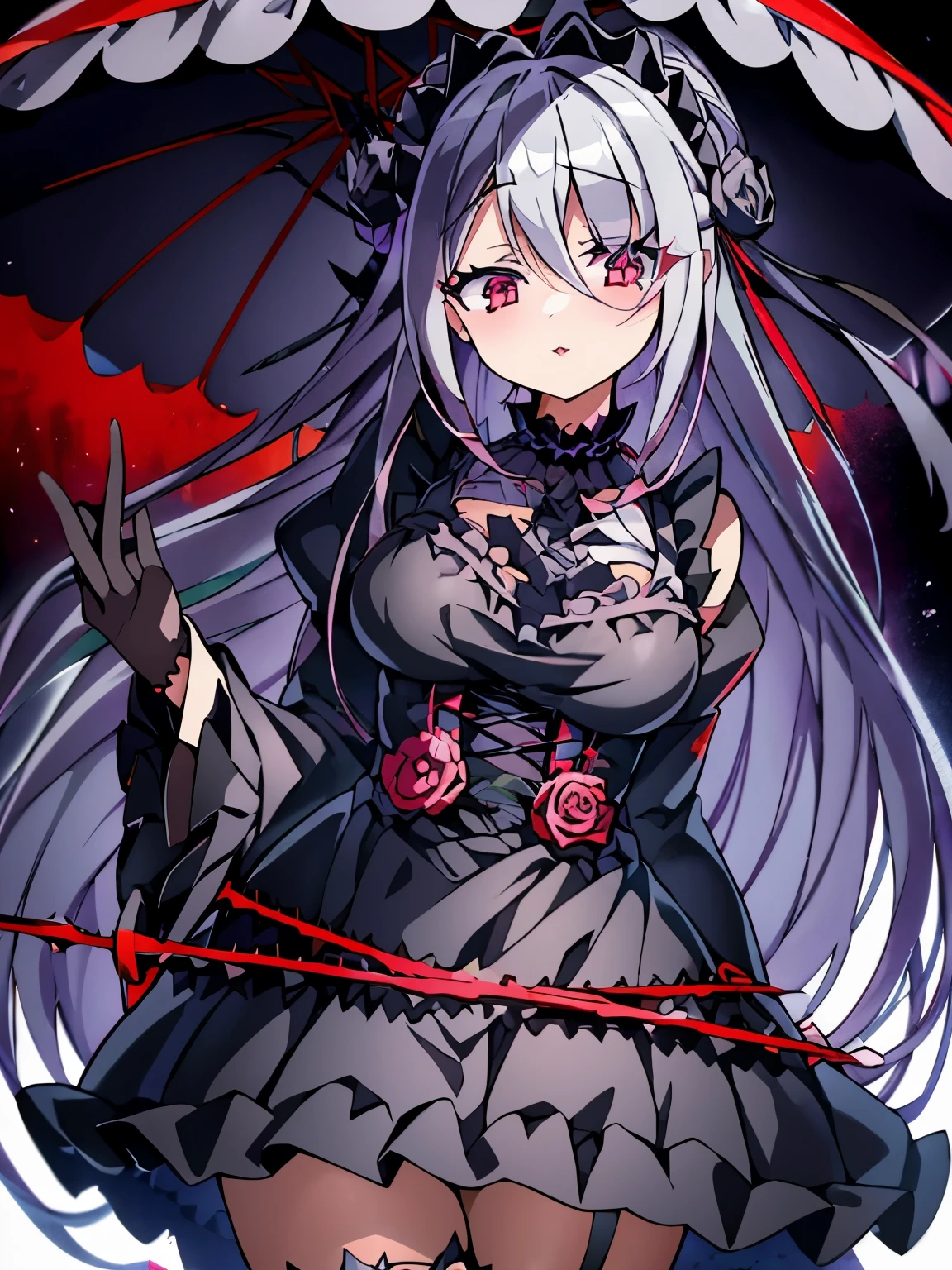 gray hair、red eye、Gothic Lolita、Two dimensions、anime、comics、Gothic Lolita服、black clothes、black frilly umbrella、Crow、full body picture、dress、Eyes without highlights、Low - Angle、corrupt world、dark、villain、Yandere、yanndere、Black Rose