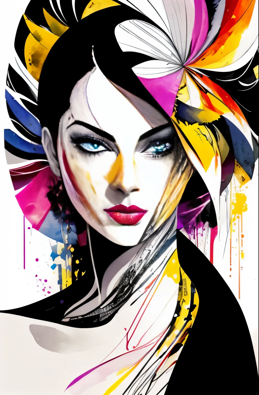 painting of a woman with a black and white face, Sylvia Pelissero watercolors, tumbler, abstract art, Intense watercolor painting, watercolor detailed art, Watercolor Splash, surreal, Avant-garde pop art, Beautiful and expressive paintings, Beautiful artwork illustration, very colorful tones, wonderful, cool beauty, highest quality,official art, women only, sharp outline, best shot, vector art, Written by Sandra Chevrier, Dave McKean、by Richard Avedon、Written by Makiezi Kusiala