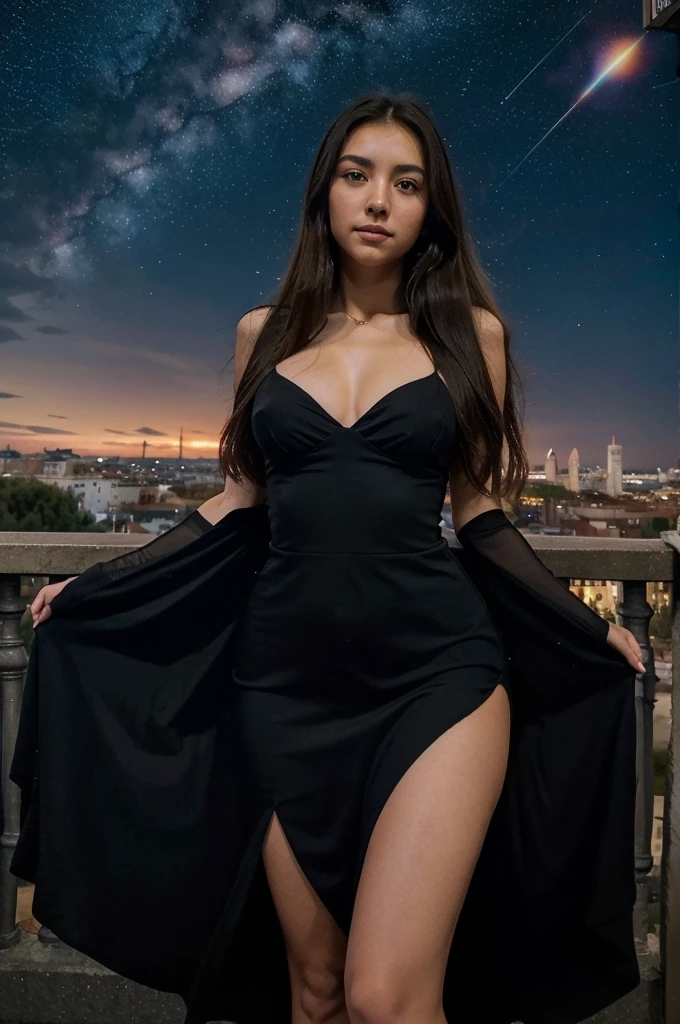 masterpiece、25 year old woman, morena, pelo largo, con vestido de fiesta vaporoso, fondo de la ciudad de Madrid, Spain((Fantastic starry sky、cosmos、enjambre de meteoritos、agujero negro、color iridiscente))Profundidad((Ciudad de Madrid))、Visto desde abajo