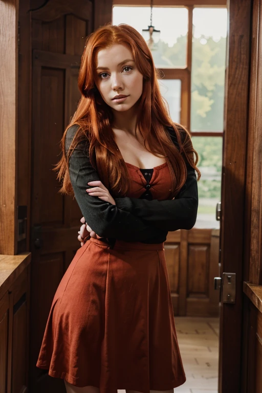 Da ist eine Frau mit roten Haaren und einem schwarzen Kleid, with red hair and green eyes, red-haired girl, cute young red-haired girl, red-haired girl, roter Kopf, portrait of a red-haired girl, mit lockigen roten Haaren, beautiful young model, beautiful portrait lighting, sie ist rothaarig, Girl with red hair, eine rothaarige junge Frau, flowing reddish-brown hair, red-haired goddess