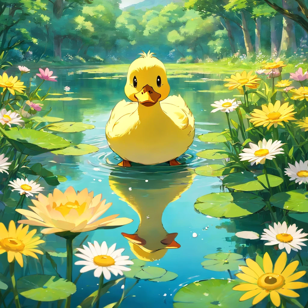 The Pond's Promise
In a serene countryside, Daisy, a small yellow duck, gazes at the shimmering pond, her heart brimming with excitement. She contemplates her first swim.