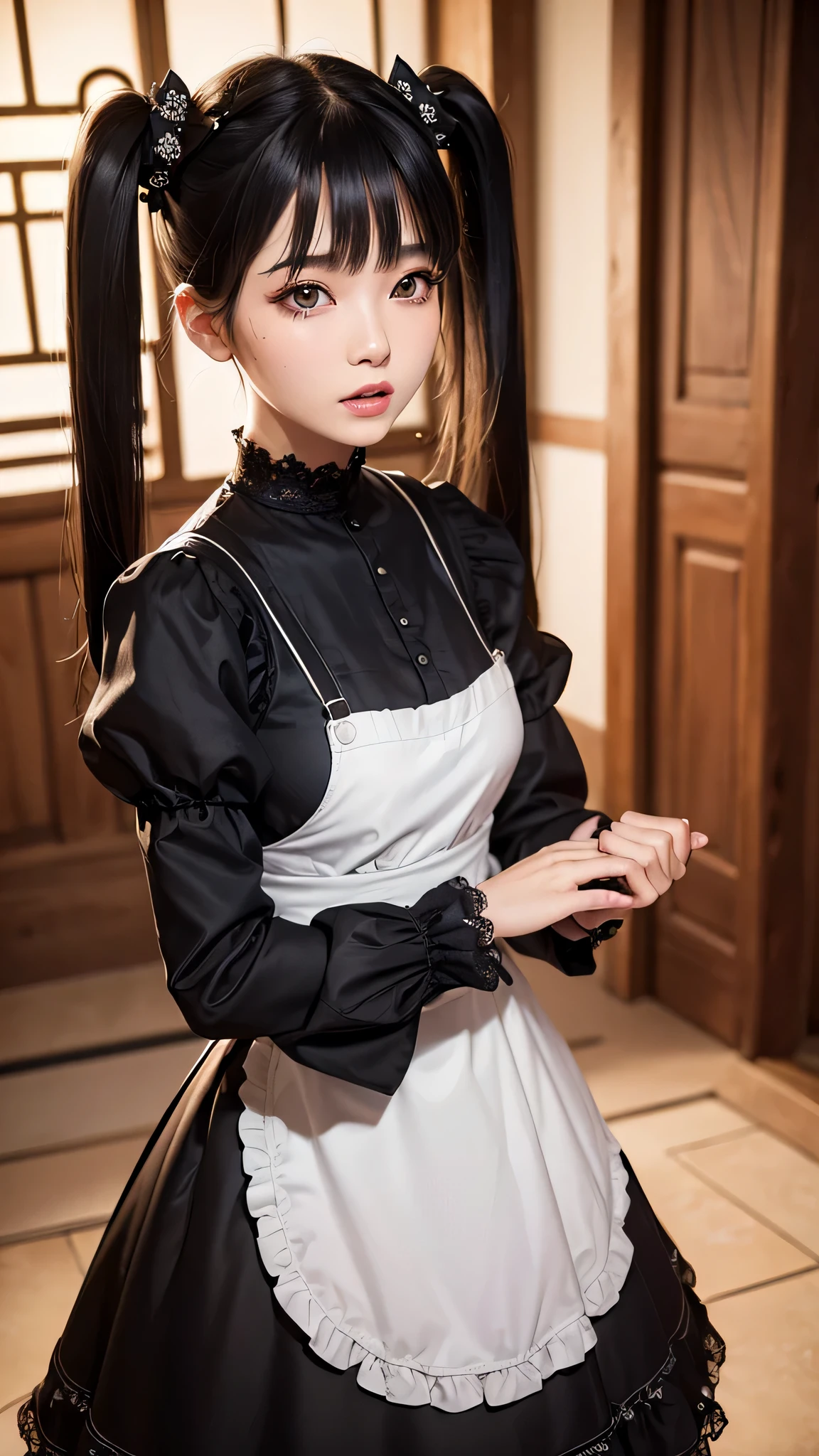 ((top-quality、in 8K、masterpiece:1.3, Photorealsitic:1.4, underground room, Realistic human skin)), standing, full body, Japanese high school girl, 1 female, A dark-haired, With bangs, Medium-sized breasts, ((Gothic ta, maid clothes, twintails hairstyle, Black eyes)), Highly detailed facial and skin texture, A detailed eye, Detailed lips、Highly detailed hair depiction, Natural makeup:1.2