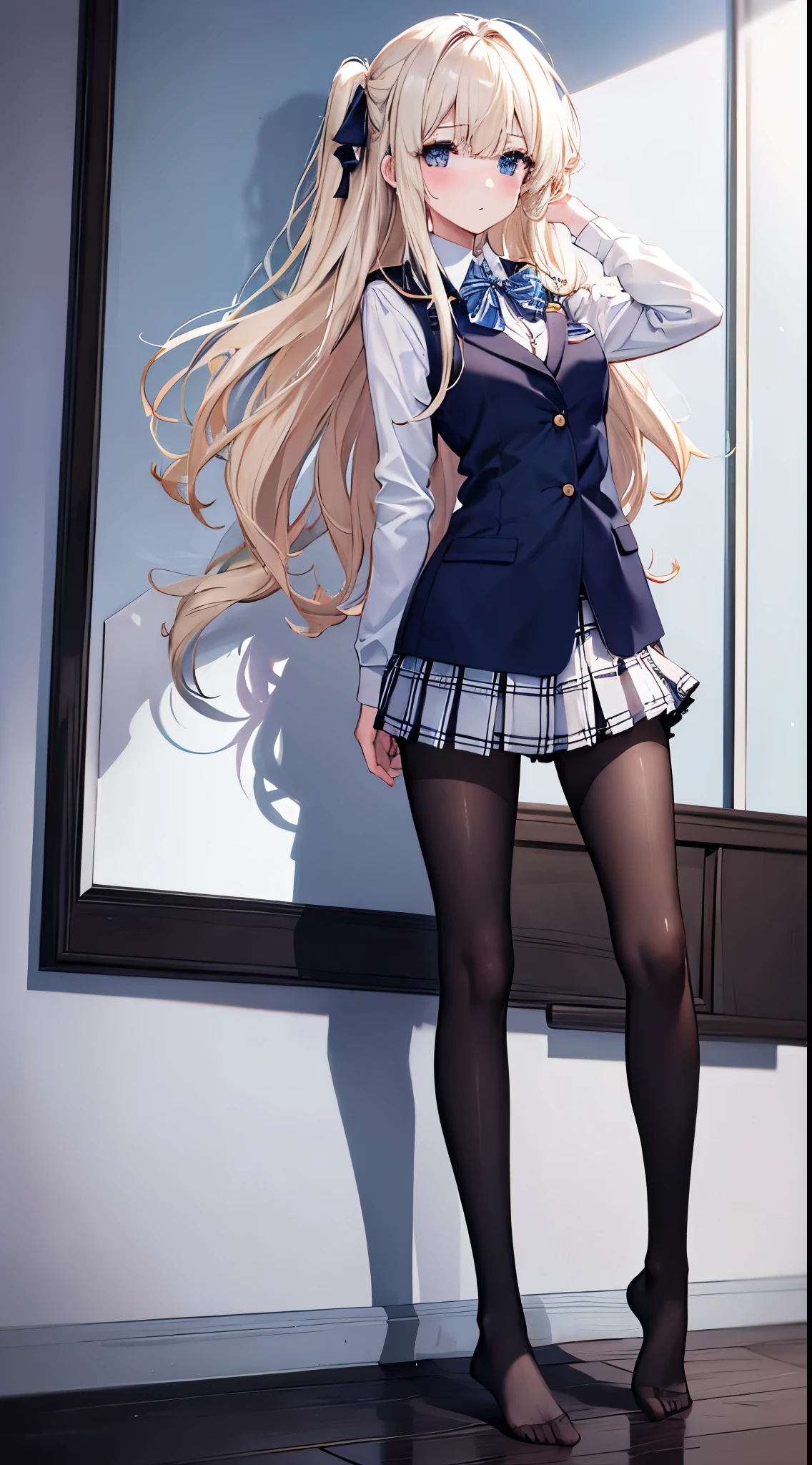 finest, masterpiece, High resolution, (whole body), front, symmetry, Mature Schoolgirl, alone, (whole body from head to toe), small breasts, long hair, slightly messy hair, (black tights), ( (black pantyhose), black pantyhose, composition show me your white panties, slender beautiful foot, very beautiful 17 year old girl (not wearing shoes) foot), blush, shy big eyes, messy hair, looking at camera, show me your white panties, White ruffled lingerie, high school uniform blazer, high school uniform white blouse, High school uniform with blue ribbon, High school uniform with short plaid pattern and navy pleated skirt