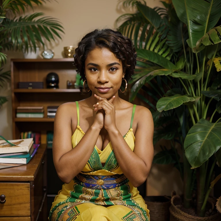 A Brazilian mulatto is a person with a rich ethnic heritage, often exhibiting a combination of African and European ancestry, with a range of skin tones and a vibrant culture that celebrates Brazil's racial and ethnic diversity, dressed in dress with colors of nature and the colors of the Amazon rainforest sitting behind a desk like a president and her hands are clasped and changed the position of the hands