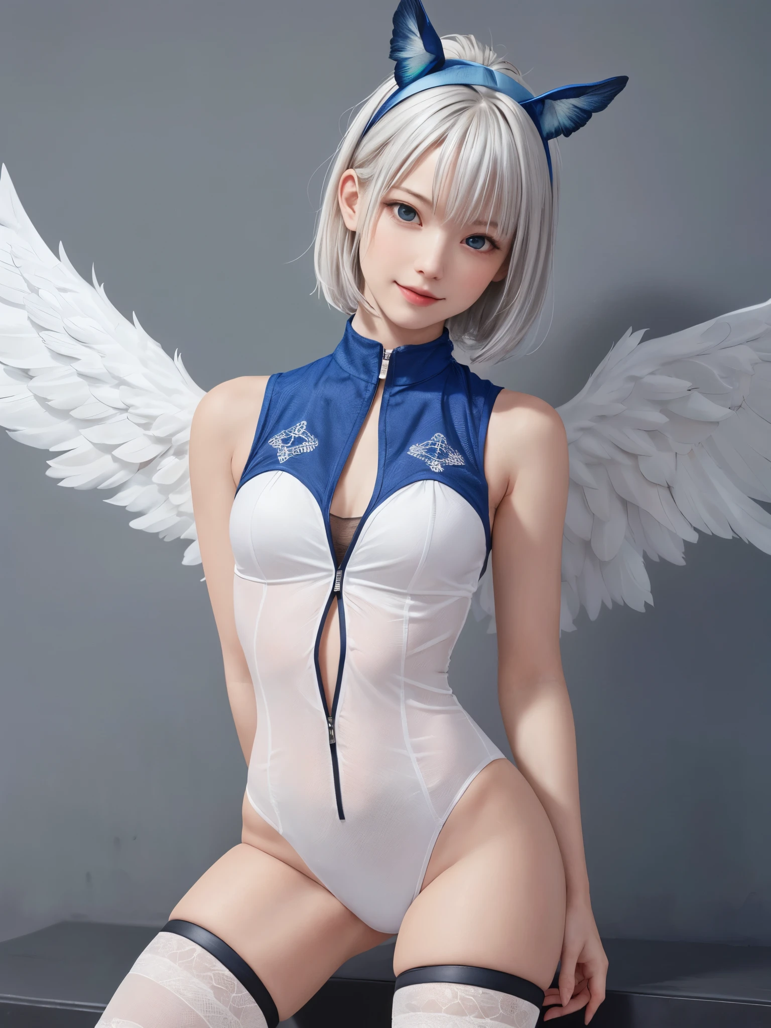 change, leprechaun, gray hair: length, blue eyes, small breasts, vest, garter, hair accessory, enchanting smile, sight, head tilt, back of arm, (slim), (thin legs: spread legs), high detail, highest quality, masterpiece, detailed ice, Cumulonimbus cloud, Beautiful details shine, Ice Crystal Texture Wings