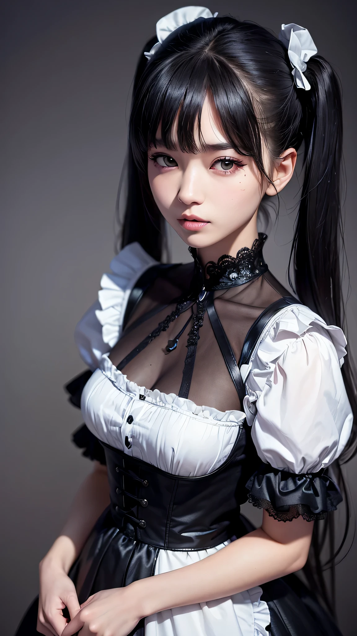 ((top-quality、in 8K、​masterpiece:1.3, Photorealsitic:1.4, underground room, Realistic human skin)), standing, full body, Japanese high school  girl, 1 female, A dark-haired, With bangs, Medium-sized ???????, ((Gothic lolita, maid clothes, twintails hairstyle, Black eyes)), Highly detailed facial and skin texture, A detailed eye, Detailed lips、Highly detailed hair depiction, Natural makeup:1.2