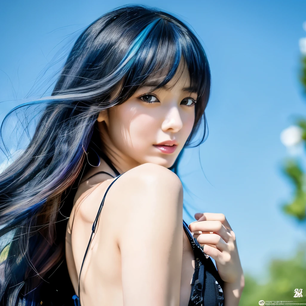 (Highest quality, 32K, High resolution, Masterpiece:1.5), marimo_jet, god々A photograph with brilliant dazzling and healing power., Evoking a sense of calm and elusive beauty, Expressing emotions, Have a rich imagination,Beautiful Japanese Girls, An exceptionally beautiful face, ((Low angle forward leaning:1.3)), Small Face Beauty, Perfect Human Anatomy, Magical big eyes, Motherhood and generosity, Deep Love, fleeting smile, ((Iridescent gradient hair:1.4)), ((Super Long Straight Silk Hair:1.3)), Asymmetrical bangs, Hair between the eyes, Transparent, soft white skin, Sharp eyebrows, Thin lashes, Natural Makeup, Cheek highlighter, Pale pink detailed lips, ((Blue off-shoulder dress:1.3)), High resolutionの完璧な鎖骨, High resolutionの美しい胸元, Slim figure with ample breasts, High resolutionの美しい太もも, ((Detailed blue sky background:1.2)), Professional Lighting, Professional photographer, Professional models, god秘的