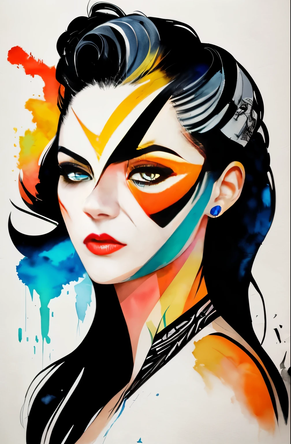 painting of a woman with a black and white face, Sylvia Pelissero watercolors, tumbler, figurative art, Intense watercolor painting, watercolor detailed art, Watercolor Splash, surreal, Avant-garde pop art, Beautiful and expressive paintings, Beautiful artwork illustration, very colorful tones, wonderful, cool beauty, highest quality,official art, women only, sharp outline, best shot, vector art, Written by Sandra Chevrier, Dave McKean、by Richard Avedon、Written by Makiezi Kusiala
