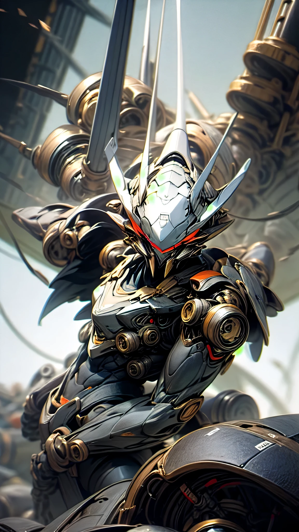 最high quality、best image quality、masterpiece、huge robot((Black body、huge propeller、missile pod、Gatling、two basics、Both arms、rugged design、floating in the air、strong body)),high quality、beautiful art、background((Factory Area)),debris flies、Depth of written boundary、movie、visual art、perfect art、