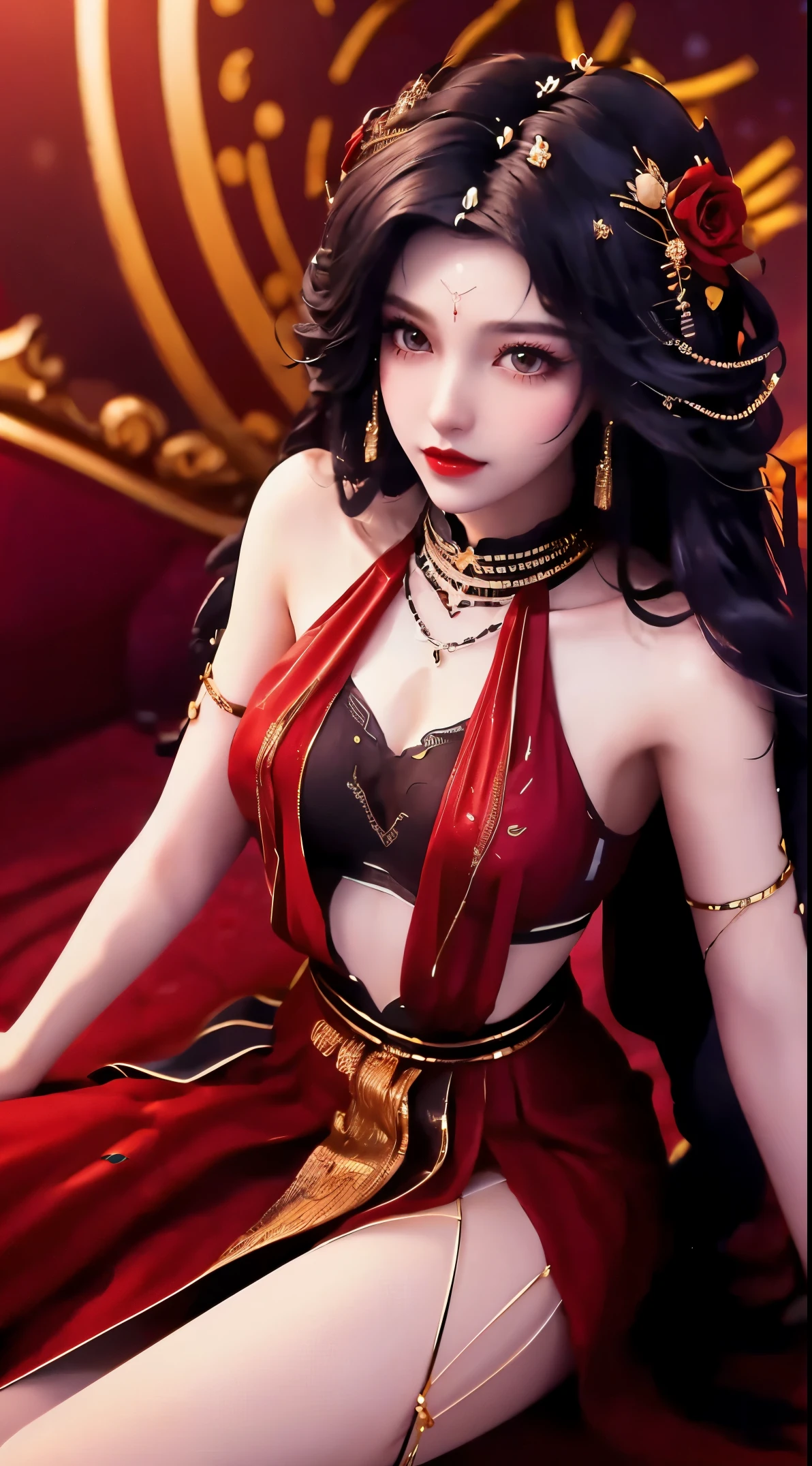 1 beautiful20岁女孩, ((Wearing a super thin red dress:1.6)), dress with diamonds, ((Long black-purple hair:1.6)), Bangs, 由宝石和beautiful头发精心制成的珠宝, ((Wear a black lace necklace:1.4))), noble, The noble temperament of a very beautiful girl, Her little face is super cute, her face is beautiful, Thin eyebrows, flawless beautiful face, ((dark circles pupils: 0.8)), Very beautiful tearless eyes: 1.6)), Beautiful makeup and hair with detailed eyelashes, steam eye makeup, high nose, earrings, red lips, ((Keep your mouth shut: 1;5 )) beautiful嘴唇, slender hands, 最beautiful大腿, ((Spread arms to both sides: 1.5) ), rosy face, clean face, flawless beautiful face, Smooth and fair skin, (: 1.5)), ((high chest: 1.6) ), tight, beautiful, ((( and super round: 1.8))), ((super tight: 1.7)) , beautiful, Perfect body, back arm, Hold your chest out, Black lace trim Fine black mesh, (((sitting position, Lean back and place your arms behind you:1.5))), ((Hold your chest out的姿势: 1.5)), don&#39;t be shy, 8k photos, super high quality, Surreal, Super 10x pixels, Optical, bright studio, bright edge, dual-tone light, (High detail skin:1.2), Ultra 8K, soft light, high quality, volumetric light, lifelike, lifelike high resolution, light, best photos, 4K, 8K quality, Blur effect, Smooth and sharp, 10×pixels, ((Red flowers background:1.5)), aurora, lightning, 超级lifelike图形, The most realistic graphics, alone, alone, The image is extremely clear, Surreal, (((frontal portrait: 1.6)))."