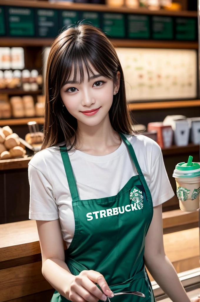 1 girl, very bright backlighting, solo, {beautiful and detailed eyes}, large breasts, dazzling moonlight, calm expression, natural and soft light, hair blown by the breeze, delicate facial features, Blunt bangs, beautiful korean girl, eye smile, very small earrings,(working at Starbucks wearing a white T-shirt and a green apron:1.3),23yo, film grain, realhands,shy smile