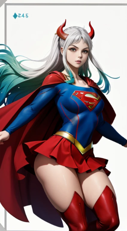 (melhor qualidade:1.3), Supergirl, capa vermelha, S do super-homem no peito, blue swimsuit, Red skirt, botas vermelhas, (demon girl), seios enormes: 1.5, sedutora, sexy, cabelo branco com as pontas verde claro, chifre com as pontas vermelho