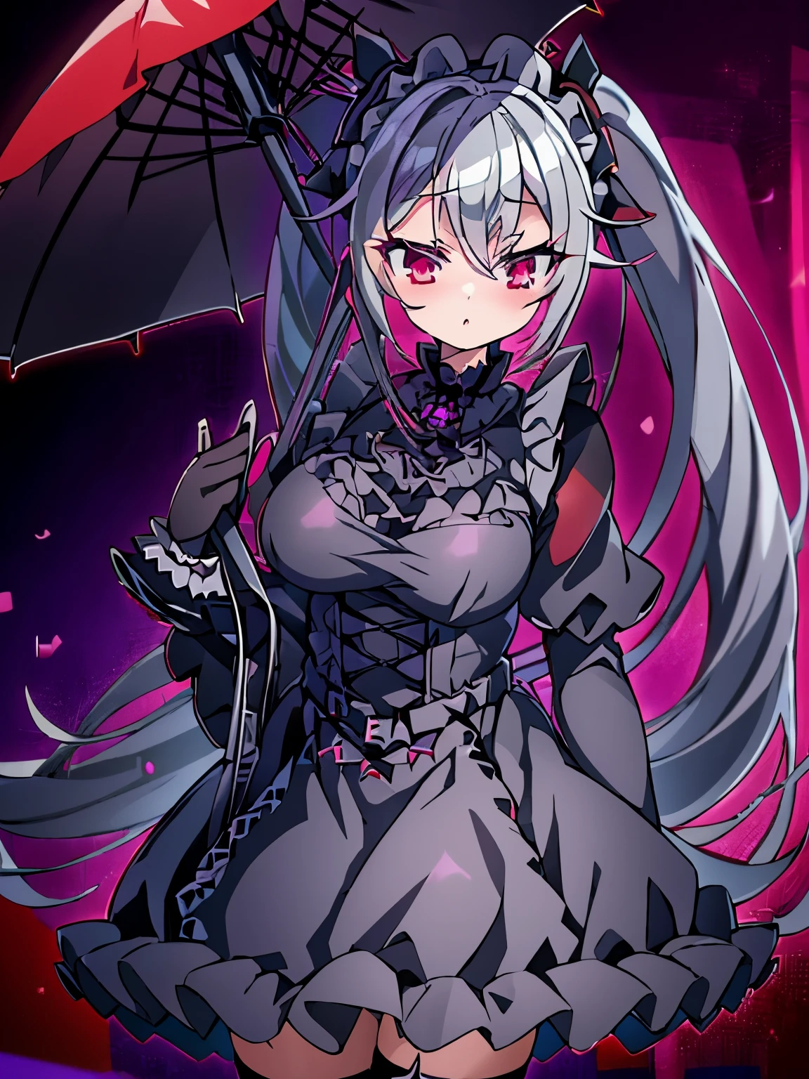 gray hair、red eye、Gothic ta、Two dimensions、anime、comics、Gothic Loliblack clothes、black frilly umbrella、Crow、full body picture、dress、Eyes without highlights、Low - Angle、corrupt world、dark、villain、Yandere、yanndere、Black Rose、Vertical roll twin tail