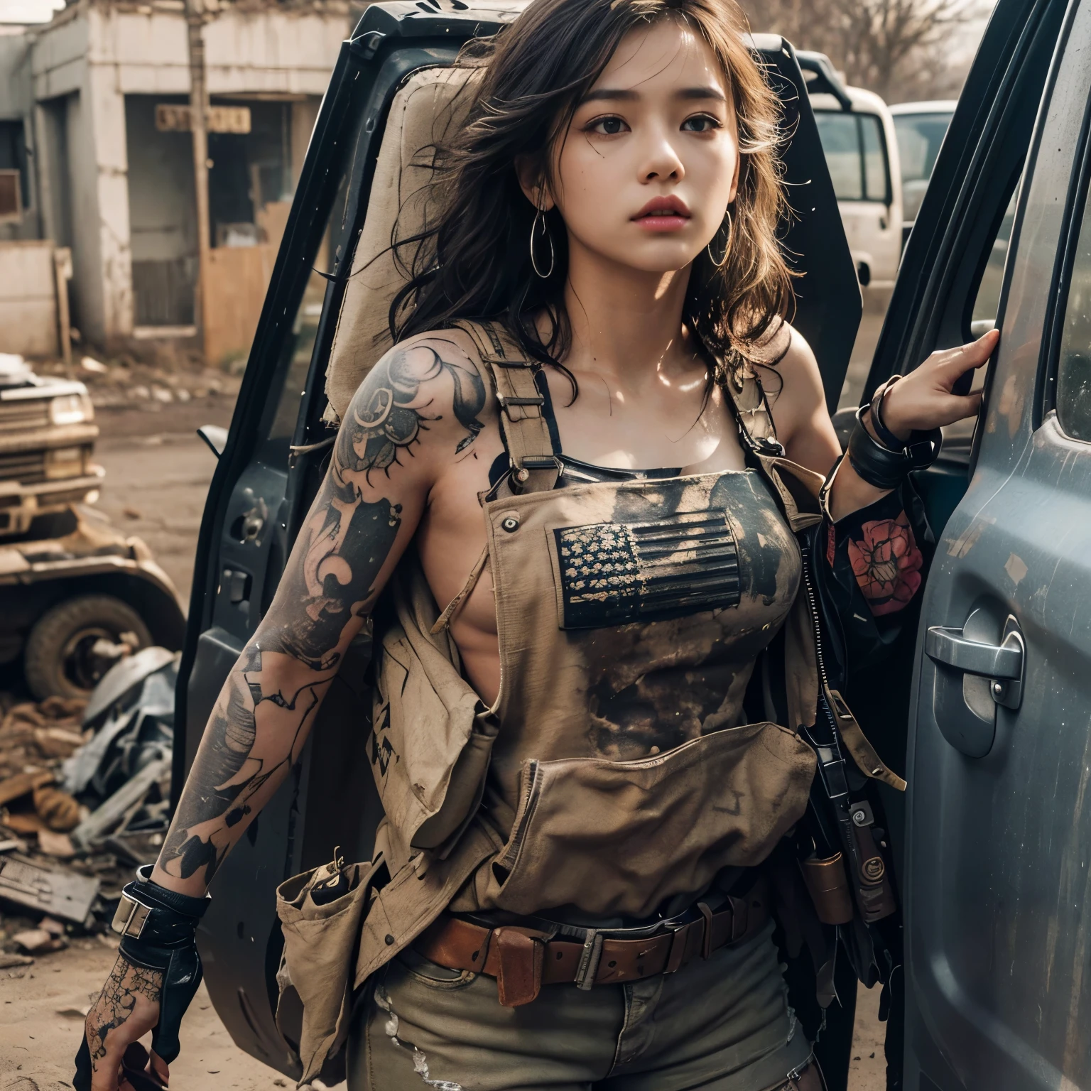 (highres,realistic:1.2),detailed skin texture,automatic rifle,tattoo,woman in a post-apocalyptic wasteland,grim expression,heavy boots,sharp focus,dusty atmosphere,desolate landscape,gritty style,bullet-ridden walls,dark clouds,military attire,bandaged arm,smoke-filled air,fallen debris,scavenging for supplies,gritty urban backdrop,muted color palette,abandoned buildings,weary eyes,armed and dangerous,strong female protagonist.(highest quality,photorealistic:1.37),(realistic,High resolution,super detailed),(tattoo:1.1),(fine skin texture), (bright colors), (soft lighting), (Grunge background), (female model), (close), (colorful ink), (body art), (vibrant tattoos), (intricate design), (dynamic pose), (expressive face), (Elegant attitude), (tattoo artist), (studio setting), (water droplets), (Dripping effect), (wavy hair), (thin line), (shading techniques), (subtle highlights), (glowing skin), (smooth complexion), (depth and dimension), (enchanting eyes), (ornate pattern), (Bold contrast), (varied textures), (meticulous attention to detail), (Artistic expression), (Unique style), (Masterpiece production), (show off your skills and talents)、