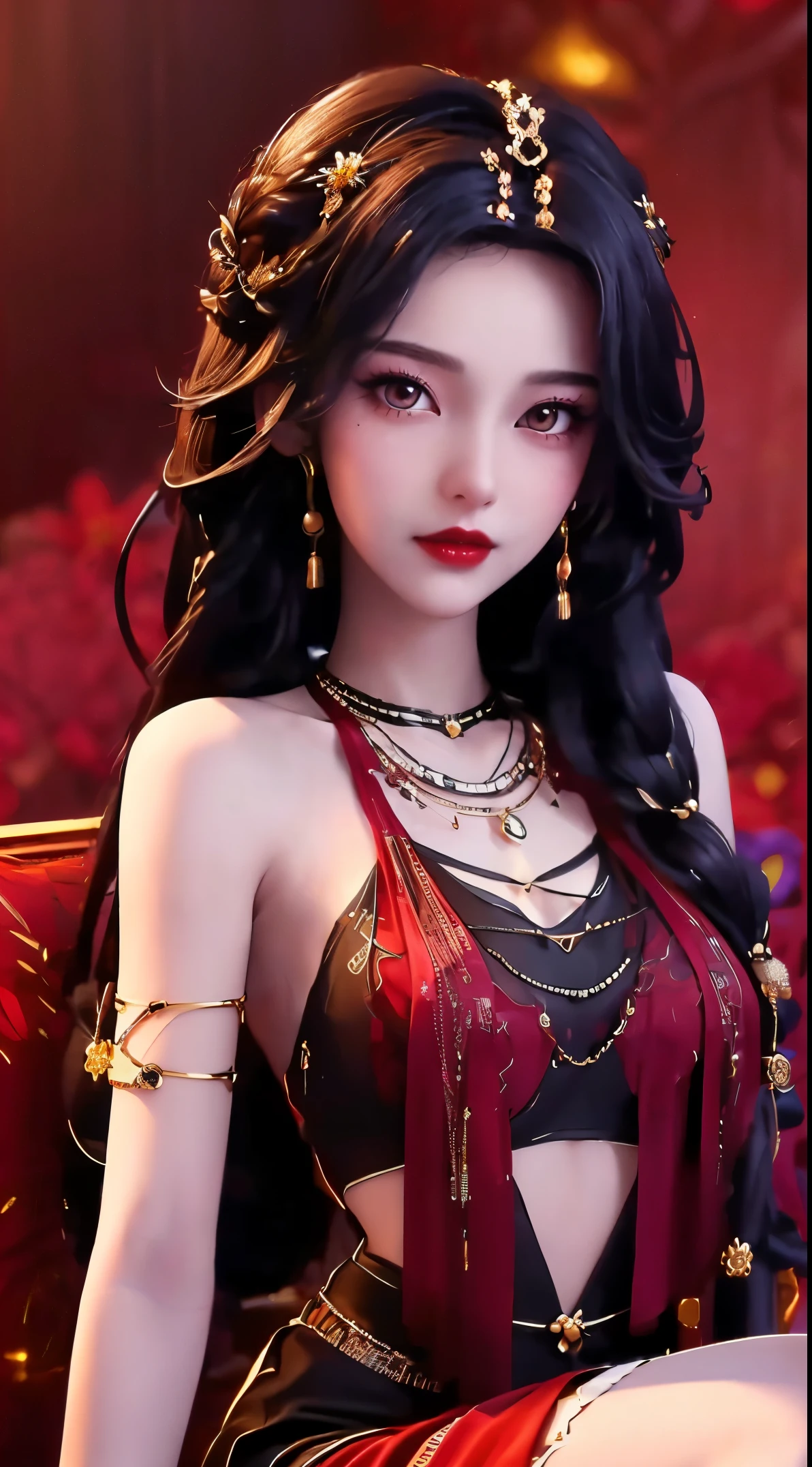 1 beautiful20岁女孩, ((Wearing a super thin red dress:1.6)), dress with diamonds, ((Long black-purple hair:1.6)), Bangs, 由宝石和beautiful头发精心制成的珠宝, ((Wear a black lace necklace:1.4))), noble, The noble temperament of a very beautiful girl, Her little face is super cute, her face is beautiful, Thin eyebrows, flawless beautiful face, ((dark circles pupils: 0.8)), Very beautiful tearless eyes: 1.6)), Beautiful makeup and hair with detailed eyelashes, steam eye makeup, high nose, earrings, red lips, ((Keep your mouth shut: 1;5 )) beautiful嘴唇, slender hands, 最beautiful大腿, ((Spread arms to both sides: 1.5) ), rosy face, clean face, flawless beautiful face, Smooth and fair skin, (: 1.5)), ((high chest: 1.6) ), tight, beautiful, ((( and super round: 1.8))), ((super tight: 1.7)) , beautiful, Perfect body, back arm, Hold your chest out, Black lace trim Fine black mesh, (((sitting position, Lean back and place your arms behind you:1.5))), ((Hold your chest out的姿势: 1.5)), don&#39;t be shy, 8k photos, super high quality, Surreal, Super 10x pixels, Optical, bright studio, bright edge, dual-tone light, (High detail skin:1.2), Ultra 8K, soft light, high quality, volumetric light, lifelike, lifelike high resolution, light, best photos, 4K, 8K quality, Blur effect, Smooth and sharp, 10×pixels, ((Red flowers background:1.5)), aurora, lightning, 超级lifelike图形, The most realistic graphics, alone, alone, The image is extremely clear, Surreal, (((frontal portrait: 1.6)))."