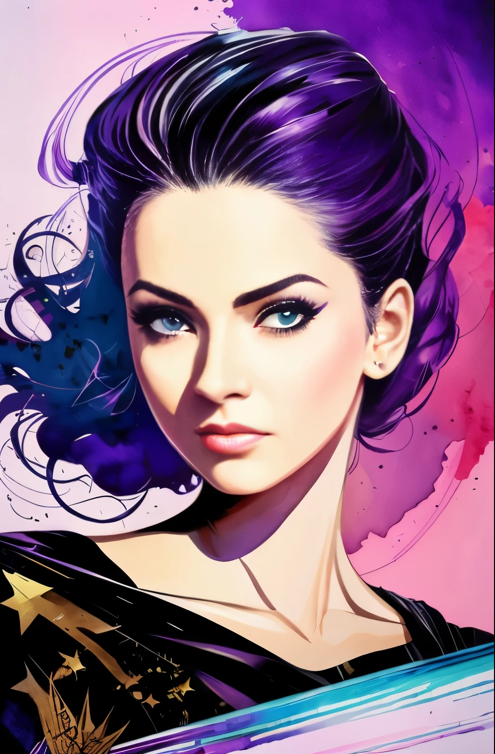 Painting of a woman with a purple and white face, Sylvia Pelissero watercolors, tumbler, figurative art, Intense watercolor painting, watercolor detailed art, Watercolor Splash, surreal, Avant-garde pop art, Beautiful and expressive paintings, Beautiful artwork illustration, very colorful tones, wonderful, cool beauty, highest quality,official art, women only, sharp outline, best shot, vector art, Written by Sandra Chevrier, Dave McKean、by Richard Avedon、Written by Makiezi Kusiala