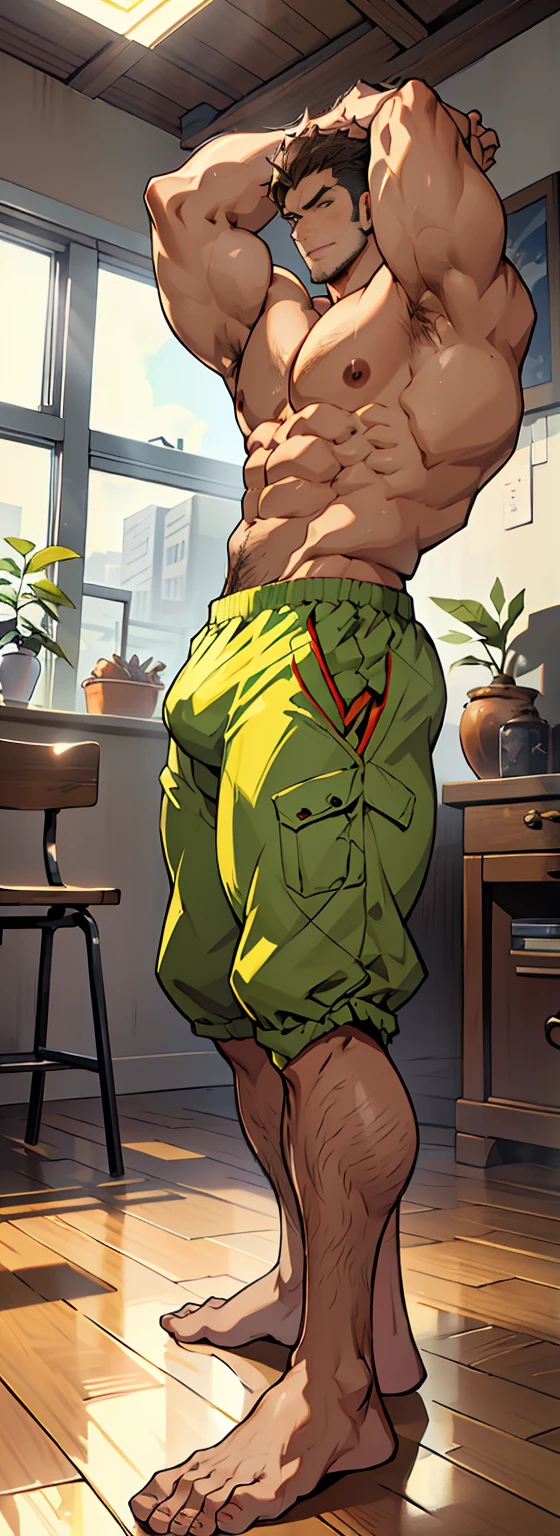 (shoeless),(shoeless),(Keep his eyes open),Super big feet,(Whole body),(Long leg hair),( With a green tattoo on his shoulder),(body hair thick),(Super big feet),show off thick arms to the audience,(shorts),(Giant arm),The background in an interior with vintage furniture and vintage wooden floor surroundinacropodia),(Long legottom-up view),(Side to audience) ,(Put his hands at his waist), (eyes looking at audience) ,(There a huge protuberance across the part),Side Body,Sense of evil,Sharp eyes,(Thick dark brown hair on crotch),closeup of arms,((The camera zooms in)),((The audience blocked by the protagonist in a corner and the perspective slightly lower.)),(Bottom-up view),(crotch),(Shoulders exposed),(Stout arms),Shoulders very broad,Muscles protrude a lot,Bulging crotch,(Long legs),Highest image quality,Anime ,anime wallpaper,Dilation of the pectoral muscles,Espalhe as pernas,sexy,(master part, best quality),((Exaggerated bulge of muscles)),The protagonist very tall and his head almost reaches the ceiling,Lush woods outside the window,musclebound and hulking, muscular characters, super buff and cool, tall and muscular, muscular!!, very buff, muscular attractive men, massive muscles, big muscle, Muscular men, anime handsome men, muscular!, gigachad muscles, muscular bodies, muscular character,