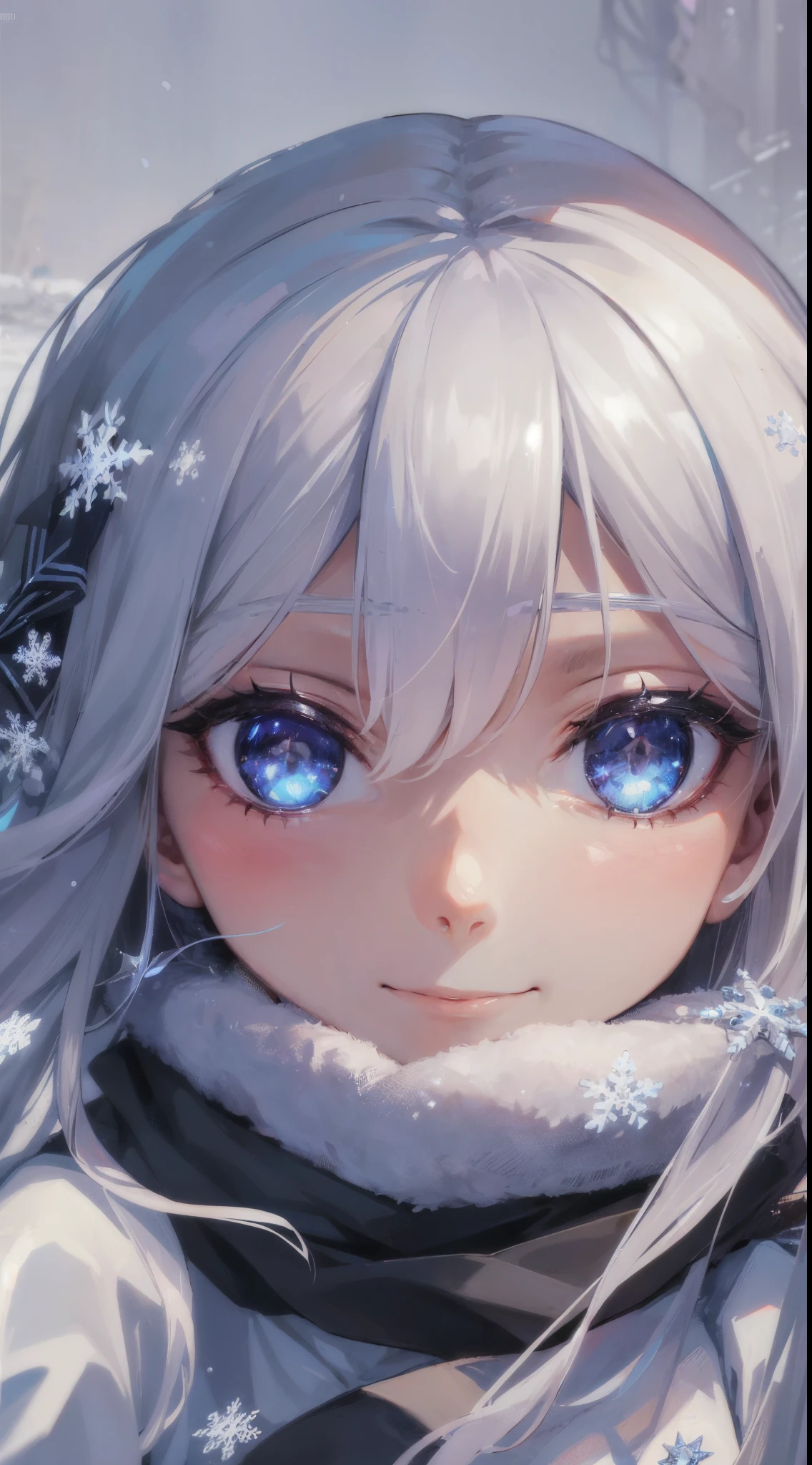 face focus, ultra detailed eyes, snowflake in the eyes, smile, winter background, cold, hd,hdr, colorful, masterpiece