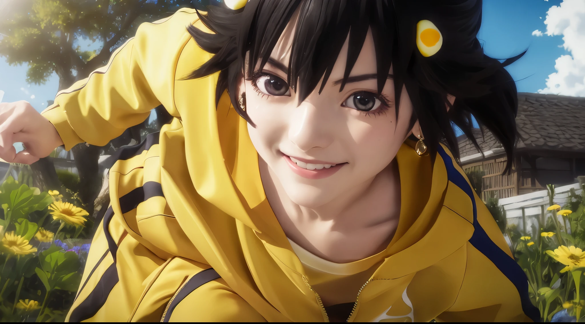 masterpiece, highest quality, ultra high resolution, highest quality, anime style, best writing, beautiful face, 1 girl, alone,  Ren Araki, long hair,  Ahoge, (yellow tracksuit:1.3), Front opening, Yellow pants,  shorts, black tank top, (Egg garnish:1.3), garden, flowers, wood,  close your face, smile, morning, jumping knee strike, highest quality, 8K, Super detailed, photorealistic, highest quality, 8K, Super detailed, photorealistic, 