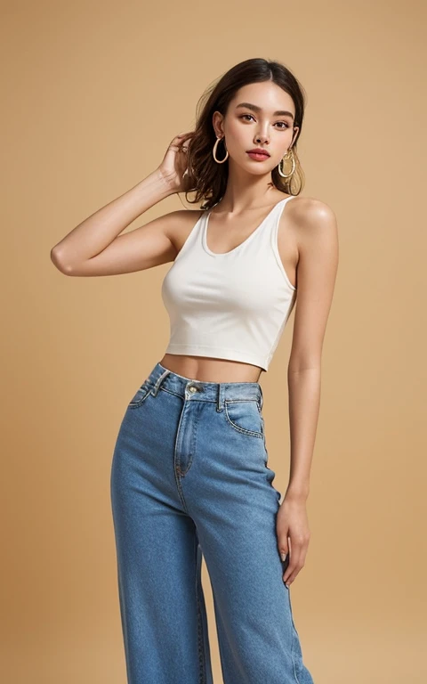 masterpiece, best quality, full-body shot,alone, 1 girl, glowing skin, hoop earrings, charming, whimsical details, smooth hair, Enchanting, bare shoulders, crop top, long trousers, shallow view deep, contrasting, Professional model, front, portrait