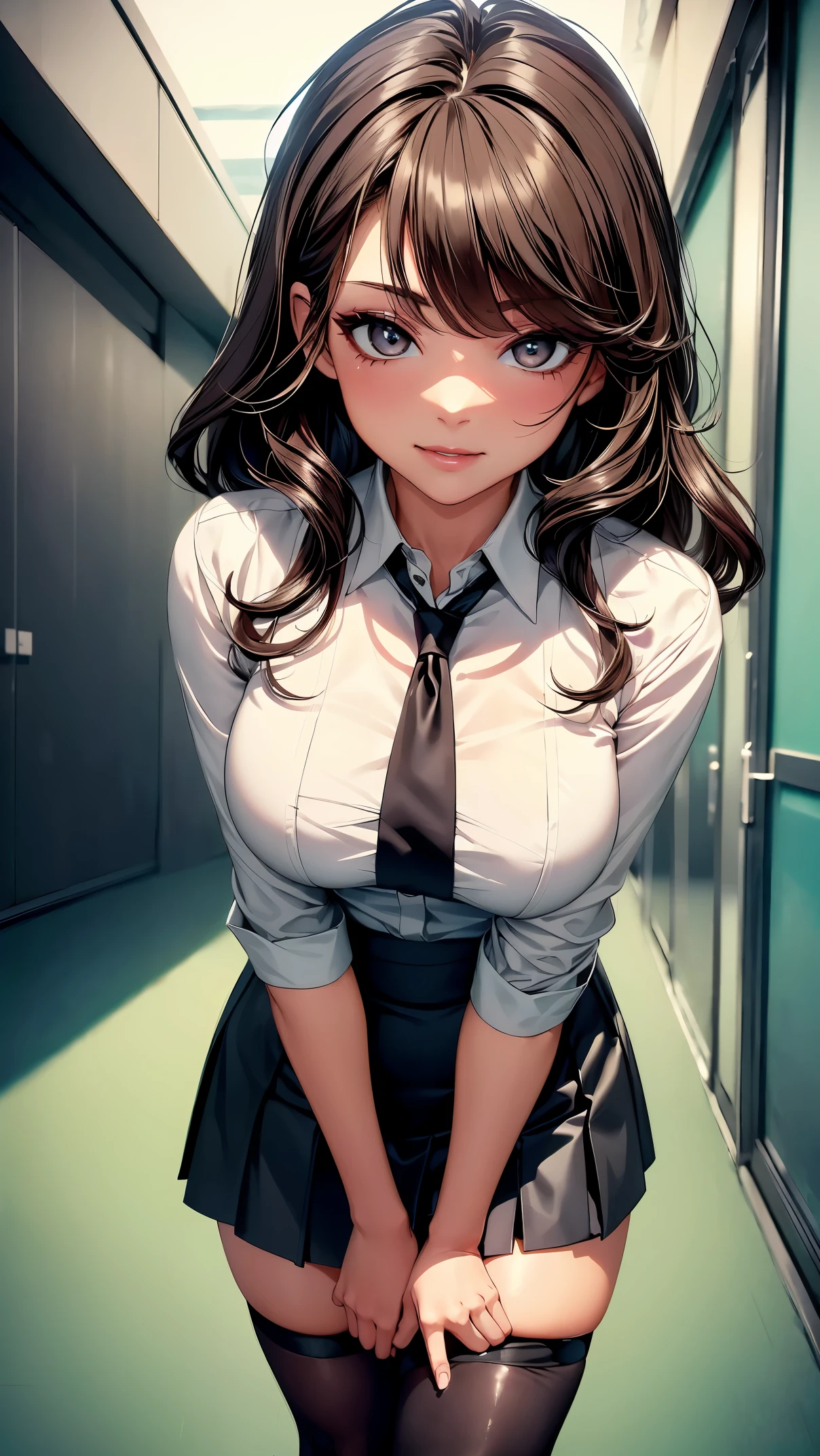 (highest quality, 4K, High resolution, masterpiece:1.2), Super detailed, portrait, bright colors, soft lighting, ((1 female, female teacher, adult sex appeal)), super cute face, (light brown hair:1.2, wavy hair), sexy pose, detailed eyes and lips, beautiful face, laid-back vibes, Golden Highlights, delicate features, body art, latex costume, playful expression, ((black office dress, white shirt, black tight skirt, 40 denier stockings:1.5, high heels)), natural makeup, long eyelashes, shiny hair, asymmetrical bangs, cute face, beautiful and fine eyes, beautiful clavicle, beautiful body, beautiful breasts, beautiful thighs, bright smile, Teasing gaze, provocative, erotic, attractive, pure elegance, attractiveな魅力, attractive曲線, Artistic composition, Gentle curves, facing the front, In the school corridor, Seductive thighs, looking at me, center image, Subtle sensuality, subtle makeup, soft tones,