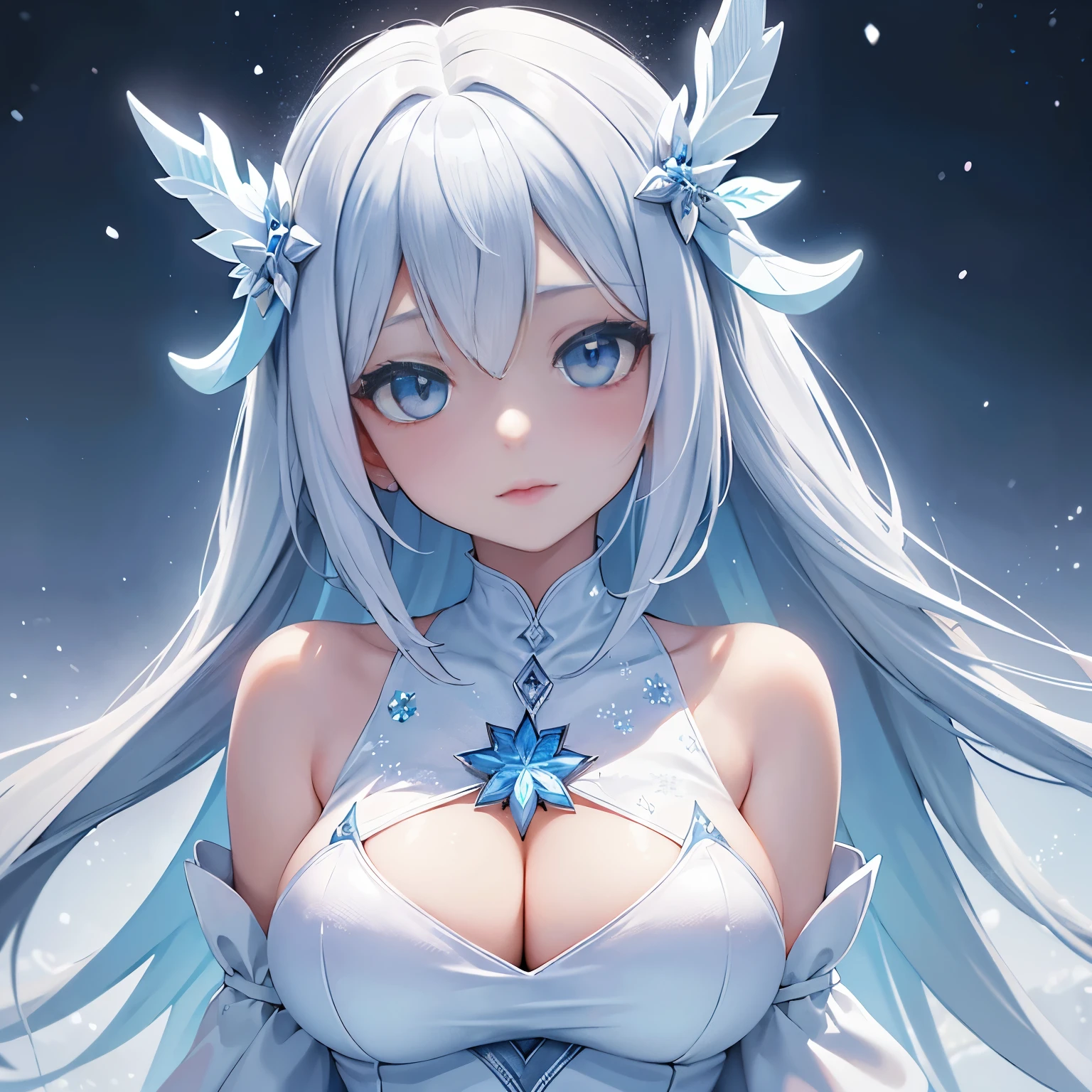 (masterpiece,best quality,ultra-detailed),1girl, large breast, glowing eyes,long hair,(((frost pretty girl))),beautiful and detailed face, detailed eyes,night,snow particles in the air,((frost theme)),((((frost theme)))),