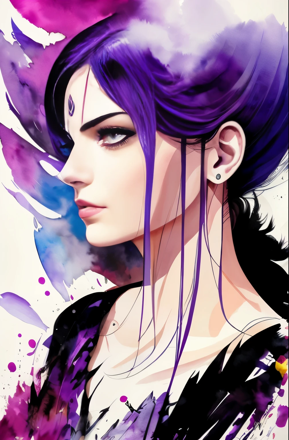 Painting of a woman with a purple and white face, Sylvia Pelissero watercolors, tumbler, figurative art, Intense watercolor painting, watercolor detailed art, Watercolor Splash, surreal, Avant-garde pop art, Beautiful and expressive paintings, Beautiful artwork illustration, very colorful tones, wonderful, cool beauty, highest quality,official art, women only, sharp outline, best shot, vector art, Written by Sandra Chevrier, Dave McKean、by Richard Avedon、Written by Makiezi Kusiala