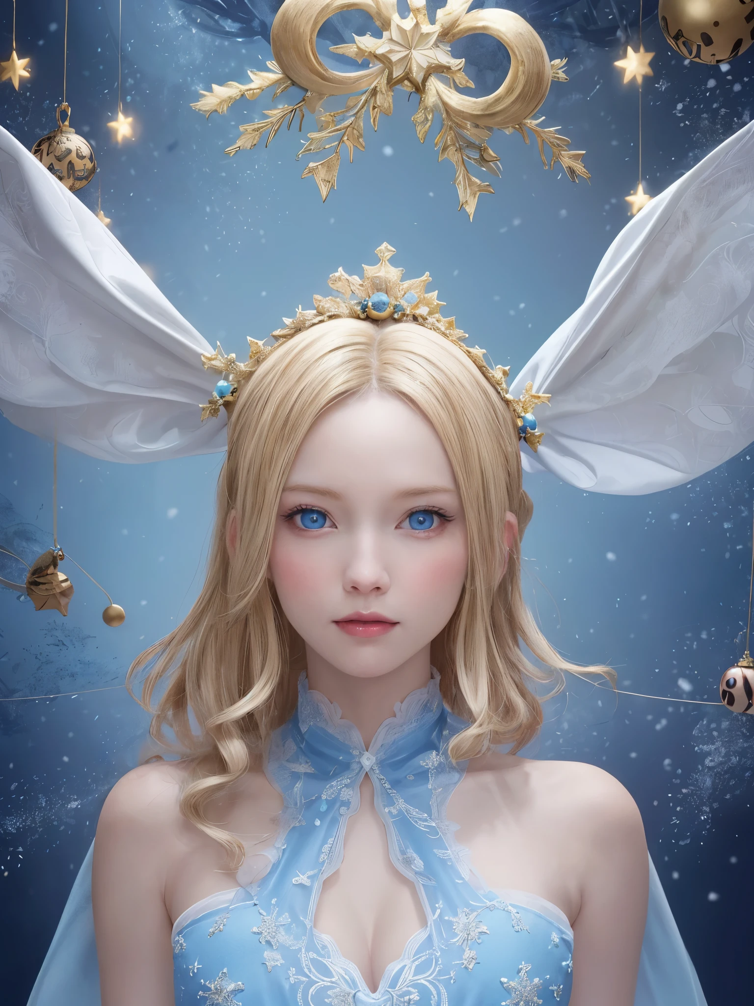 a beautiful empress portrait, blonde hair, perfect blue eyes, Brilliantly, Impossible impressive big Christmas headpiece, clothes Santa robes, everything Christmas, snow, symmetry, Dramatic Studio Lighting, Rococo, baroque, vegetable, Asian, hyper realism, close, d&d, fantasy, Complex, elegant, very detailed, digital painting, art station, octane rendering, 8K, concept art, mat, sharp focus