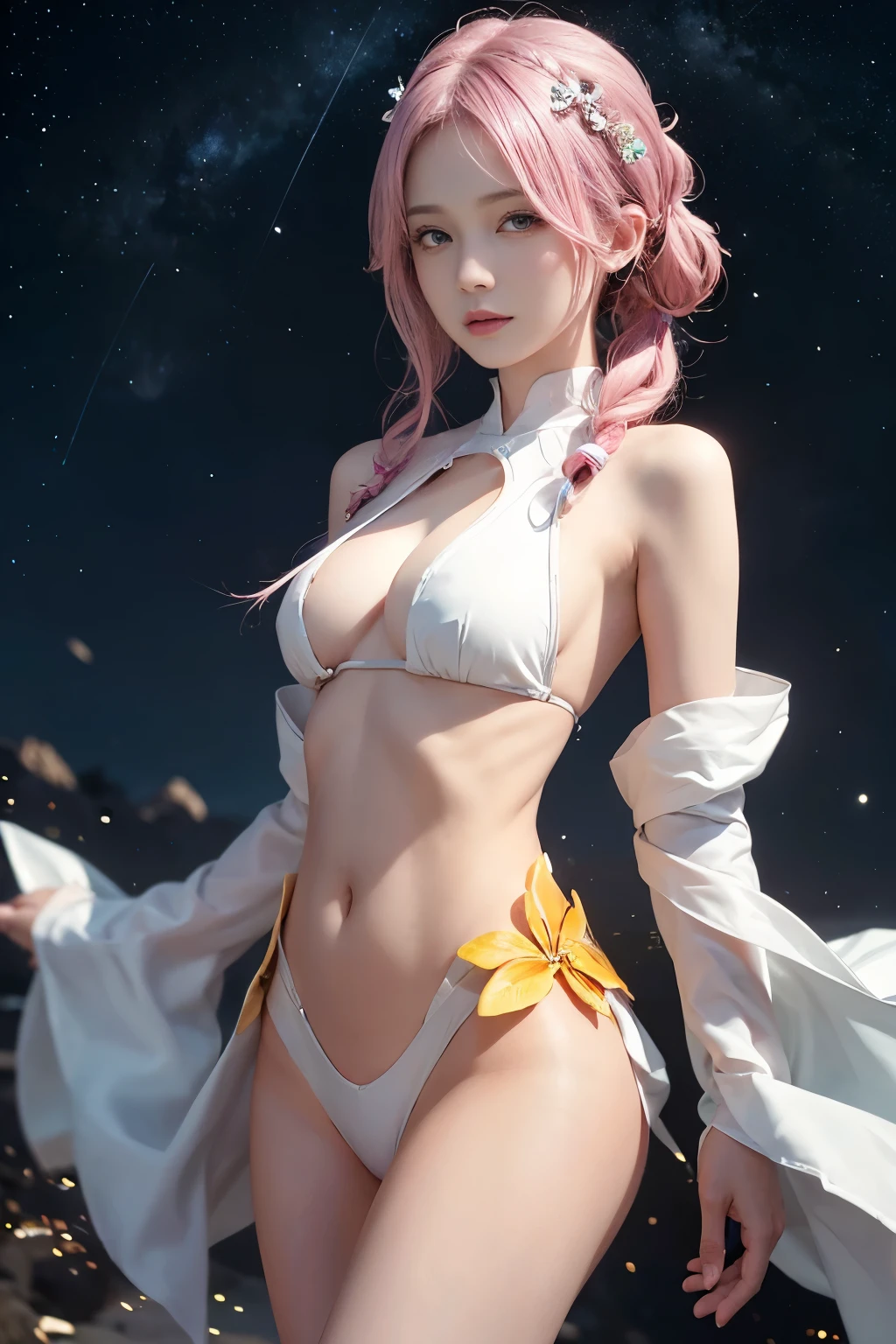 ((highest quality)), ((master piece)), (Super detailed:1.4),(32k images),(ultra high detailed breasts),best anime,sharpness,The best wallpapers,amazing depiction,golden ratio, Wind manipulation:1.5,Manipulation of light,(Perfect anatomy without destruction),(Accurate and detailed beautiful eyes,glossy eyes),(shiny hair:1.1,),(her face looks delicate and beautiful. her skin looks delicate and beautiful.),(Expressionless:1.2),slim body,slim belly, pink hair, tassel pigtails、((wearing a white T-shirt))、thin waist,belly button,The detailed breasts, detailed breasts, ((pointed nipples))、The shining white costume is divine々New,gemstone),full moon:1.1, Backgrounds with depth:1.3,hair ornaments,Starry sky, ((I'm taking a photo from the front))