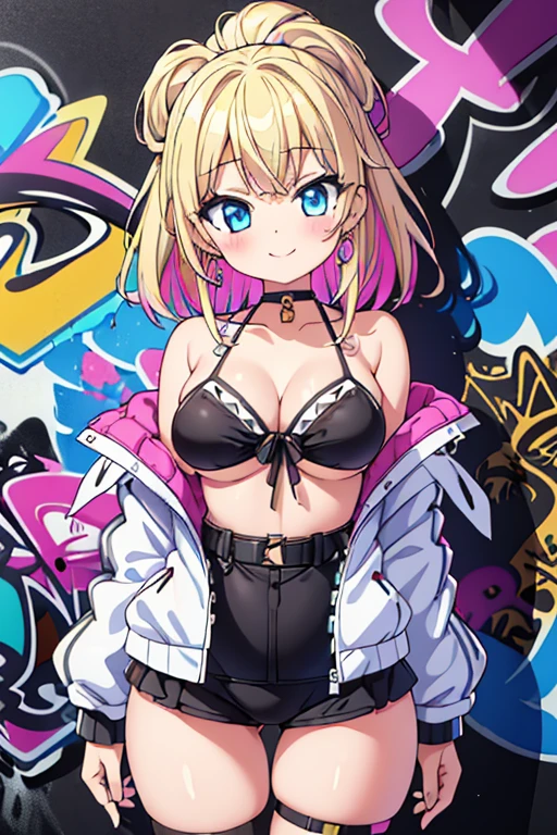 masterpiece, high quality, 8k, 1girl, cute, gyaru, white skin, blonde hair, black choker, silver earrings, Crochet bikini with a halter-neck top and matching bottoms, oversized jacket, melancoly, nostalgic, smile, (graffiti art), (graffiti background), (Colorful portraits), (multicolored), (pastel color), kawaii