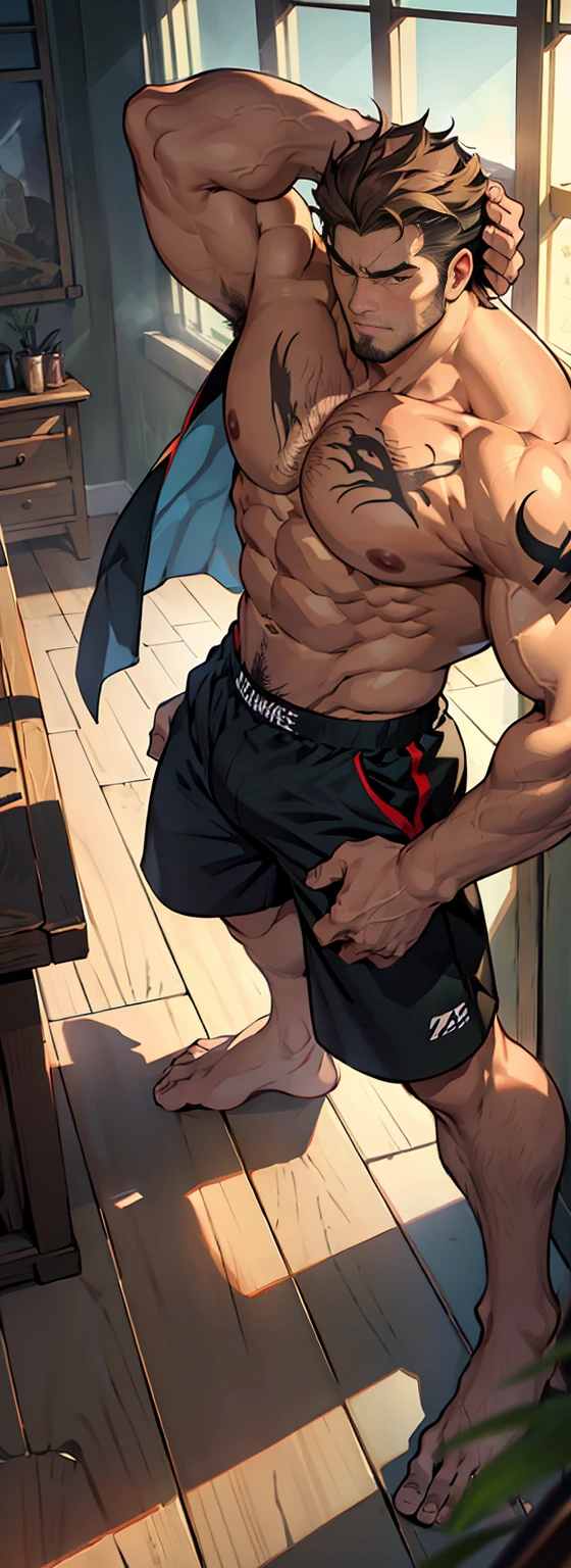 (shoeless),(shoeless),(Keep his eyes open),Super big feet,(Whole body),(Long leg hair),( With a green tattoo on his shoulder),(body hair thick),(Super big feet),show off thick arms to the audience,(shorts),(Giant arm),The background in an interior with vintage furniture and vintage wooden floor surroundinacropodia),(Long legottom-up view),(Side to audience) ,(Put his hands at his waist), (eyes looking at audience) ,(There a huge protuberance across the part),Side Body,Sense of evil,Sharp eyes,(Thick dark brown hair on crotch),closeup of arms,((The camera zooms in)),((The audience blocked by the protagonist in a corner and the perspective slightly lower.)),(Bottom-up view),(crotch),(Shoulders exposed),(Stout arms),Shoulders very broad,Muscles protrude a lot,Bulging crotch,(Long legs),Highest image quality,Anime ,anime wallpaper,Dilation of the pectoral muscles,Espalhe as pernas,sexy,(master part, best quality),((Exaggerated bulge of muscles)),The protagonist very tall and his head almost reaches the ceiling,Lush woods outside the window,musclebound and hulking, muscular characters, super buff and cool, tall and muscular, muscular!!, very buff, muscular attractive men, massive muscles, big muscle, Muscular men, anime handsome men, muscular!, gigachad muscles, muscular bodies, muscular character,