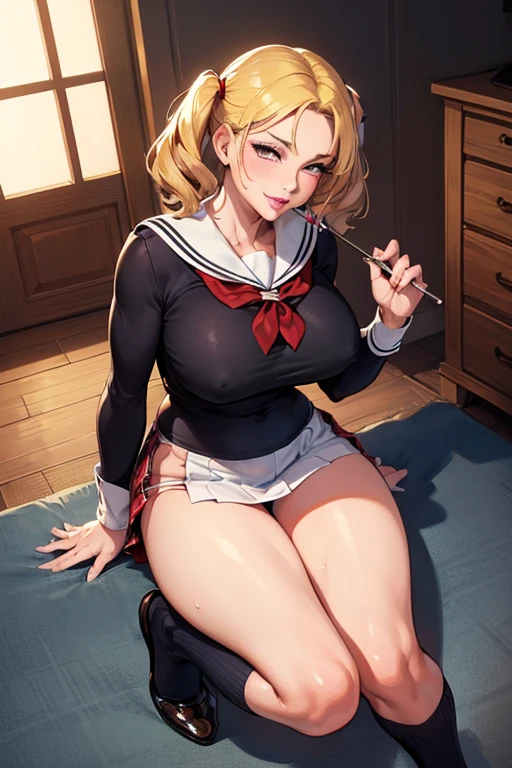 nsfw, (1woman:1.2763), (45 years old:1.2763), (house wife:1.2763), (milf:1.2763), (lips:1.2763), (makeup:0.8638), (mature milf:1.5) evil smile, sailor suit, red plaid skirt, she is wearing white short socks on black panty hose, no panties, pubic hair, blonde hair, twintails, short hair, anus, (from above:1.2763), looking at viewer, saliva, sweat, super detailed skin, glistening skin, oil skin, beautiful detailed eyes, unity 8k wallpaper, golden hour lighting, masterpiece, detailed, high quality, highres, absurdres, full body