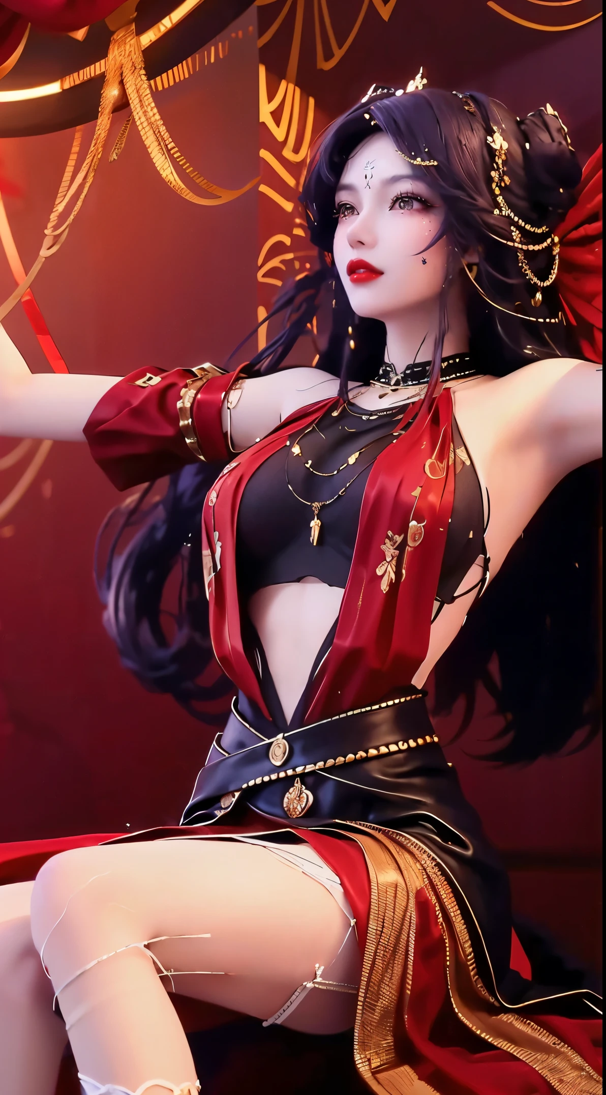 1 Beautiful and sexy 20 year old girl, ((Wearing a super thin red dress:1.6)), diamond dress, ((Long purple-black hair:1.6)), Bangs, elaborate jewelry made from stones noble and beautiful hair, ((Wear a black lace necklace:1.4))), noble, noble style of an extremely beautiful girl, Super cute little face, 非常beautiful脸, Thin eyebrows, flawless beautiful face, ((dark circles pupils: 0.8)), 非常beautiful无泪眼睛: 1.6)), beautiful妆容和细致的发型, eyelash, Eye makeup is wet, high nose, earrings, red lips, ((Keep your mouth shut: 1;5 )) beautiful嘴唇, Delicate arms, 最beautiful大腿, ((Spread arms to both sides: 1.5) ), rosy face, clean face, Beautiful and flawless face, Light滑白皙的皮肤, (: 1.5)), ((high chest: 1.6) ), firm, beautiful, (((Large, round chest: 1.8))), ((super firm: 1.7)) , beautiful, Perfect body, (((sitting position, lean back,双手lean back :1.5))), ((muster : 1.5)), don't be shy, 8k photos, super high quality, Surreal, Super 10x pixels, Light学的, bright studio, bright edge, two-tone Lighting, (High detail skin:1.2), Ultra 8K , soft Light, high quality, volumetric Light, Light学的, Light学的 high resolution, Light, best photos, 4K, 8K quality, Blur effect, smooth sharpness, 10×pixels , ((Red flowers background:1.5)), 极Light, Lightning, Surreal graphics, The most realistic graphics, alone, alone, extremely sharp, Surreal肖像正面肖像 : 1.6)))."
