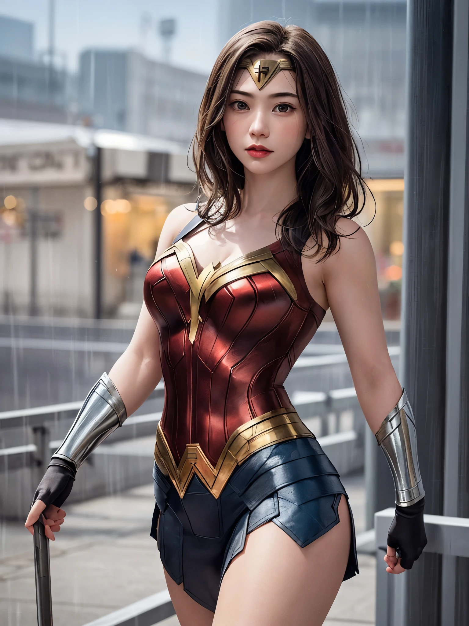 18 year old girl, Wonder Woman Suit, short curly hair, blonde hair, beautiful face, rain, roof, masterpiece, exquisite details, perfect anatomy, combat readiness