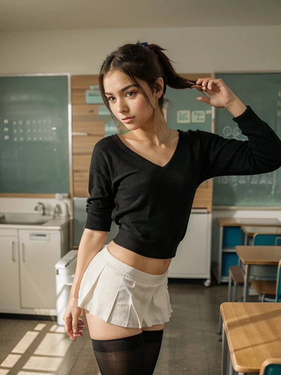  Highest quality, shape, Very detailed, finely, High resolution, 8k wallpaper, 完璧なダイナミックな構shape, Beautiful and exquisite,  Natural Lip, whole body, Navel exposure, front,Nipples、bangs、University classroom、White short-sleeved blouse、Pleated skirt、Brown Hair、(((Nipplesはピンク色)))、(((Thighs)))、The correct five fingers、Looking into the camera