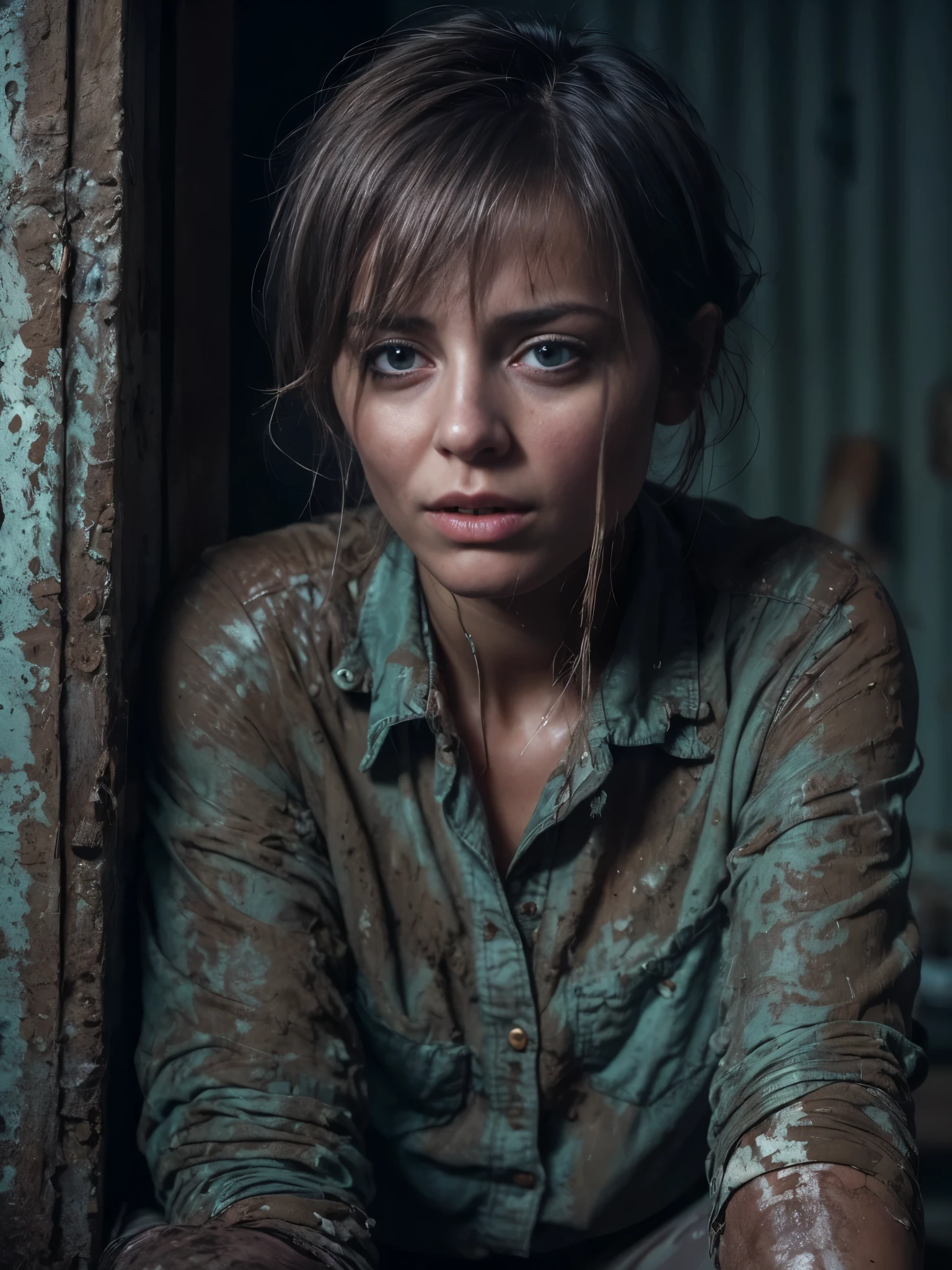 Jeans:1.2,(covered with mud:1.2), (Best Quality,hight resolution:1.2),wrinkles,Bob haircut,Detailed eyes and face,expression of despair,blouse,Dark and moody lighting,shameful fetish atmosphere,desperation,Bathroom,(In a mud bath),Fading woman