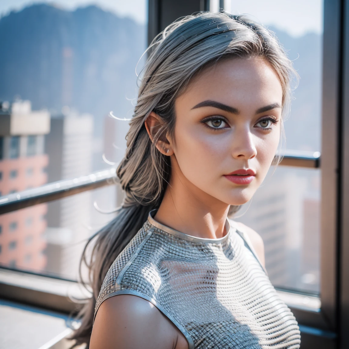 gorgeous cute Austrian girl, (crop top), Steel gray hair loose har, wearing a design dress, looking fashionable , looking back towards camera , perfectly symmetrical face, realistic detailed skin, vivid colours, HDR, hard shadows, art photography, sharp focus, masterpiece, breathtaking, atmospheric perspective, diffusion, pore correlation, skin imperfections, 80mm Sigma f2, depth of field, intricate natural lighting