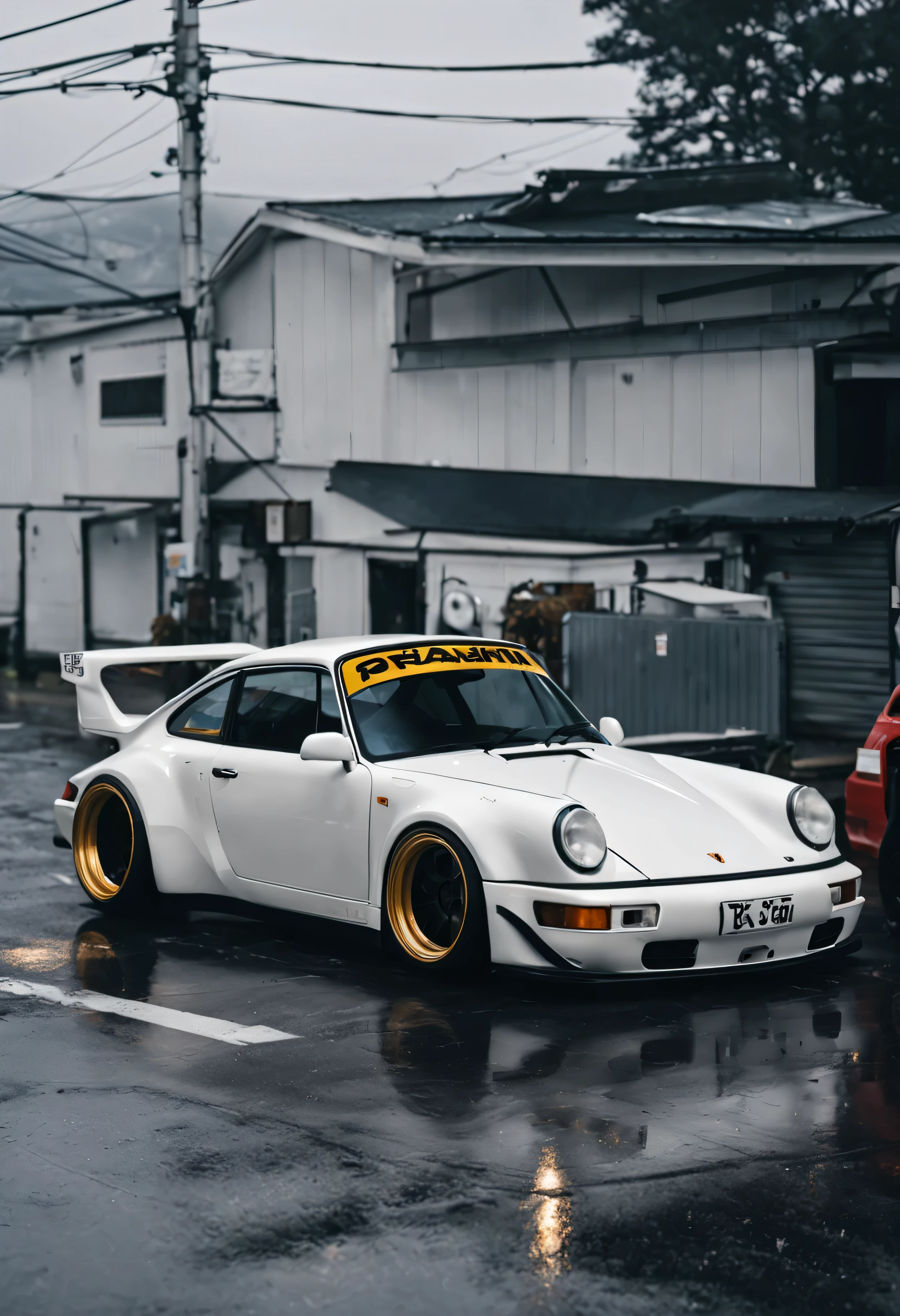 white RWB Porsche 964, dark wheels,  japan district, old shop, wet weather