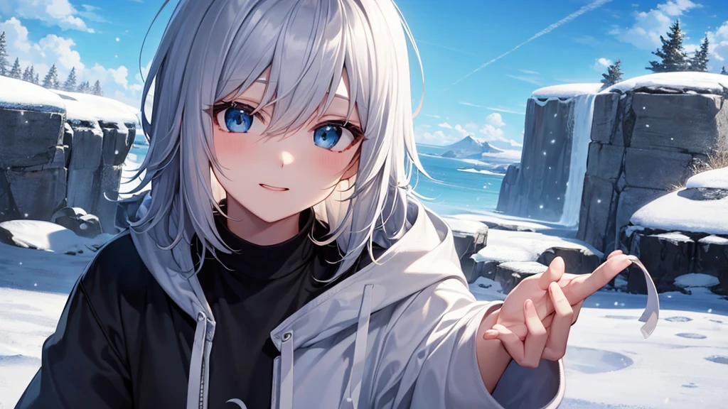 super high quality, with a girl, 20-year-old, very short hair, long bangs between the eyes, pale blue eyes , blue sky, sunlight, very detailed,(masterpiece、highest quality)、alone、gray hair、laughter、White skin as clear as snow、fantasy, silver hair, black eye, beautiful eyes,, ecstasy, charm, be smitten with audience, fantasyな風景、white hoodie、black shirt