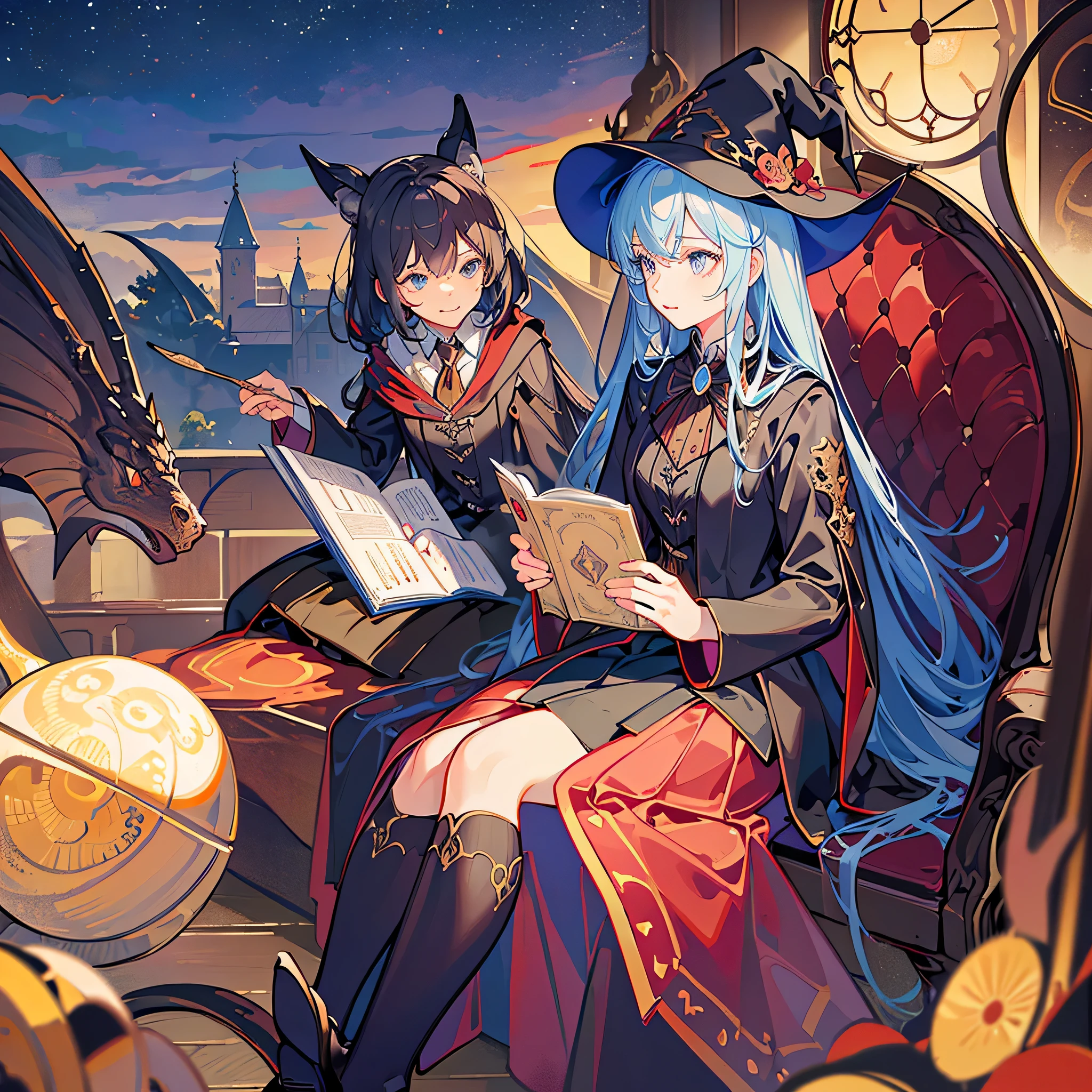 masterpiece，best quality，Inside the museum，dragon girl，shadow mage style，dragon horn，dragon tail，witch hat，Holding a magic book，strange collection，Student kits，harry potter